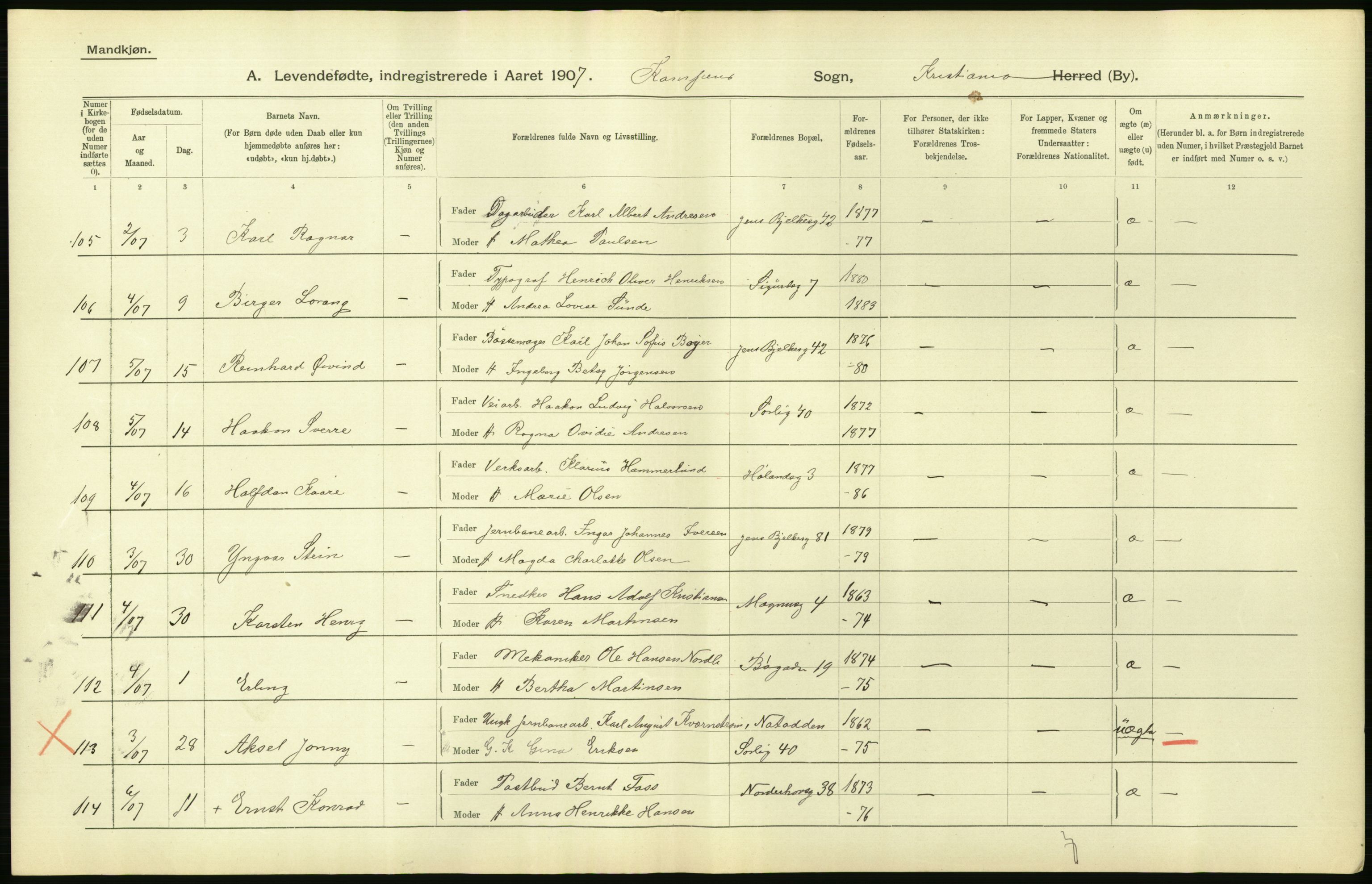 Statistisk sentralbyrå, Sosiodemografiske emner, Befolkning, AV/RA-S-2228/D/Df/Dfa/Dfae/L0007: Kristiania: Levendefødte menn og kvinner., 1907, p. 458