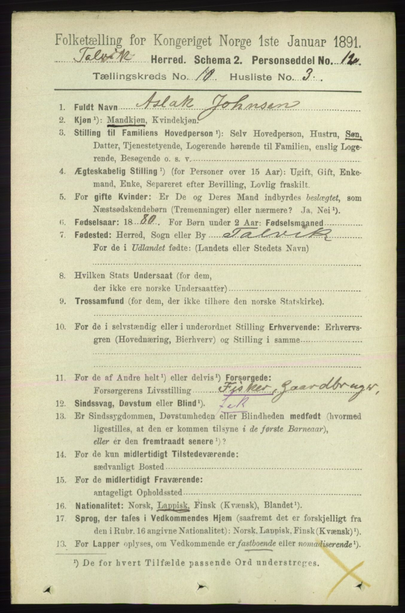 RA, 1891 census for 2013 Talvik, 1891, p. 2357
