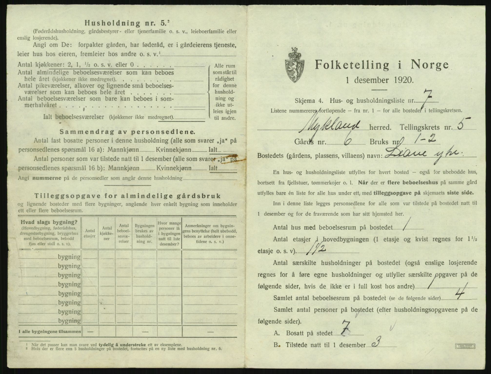 SAK, 1920 census for Mykland, 1920, p. 260