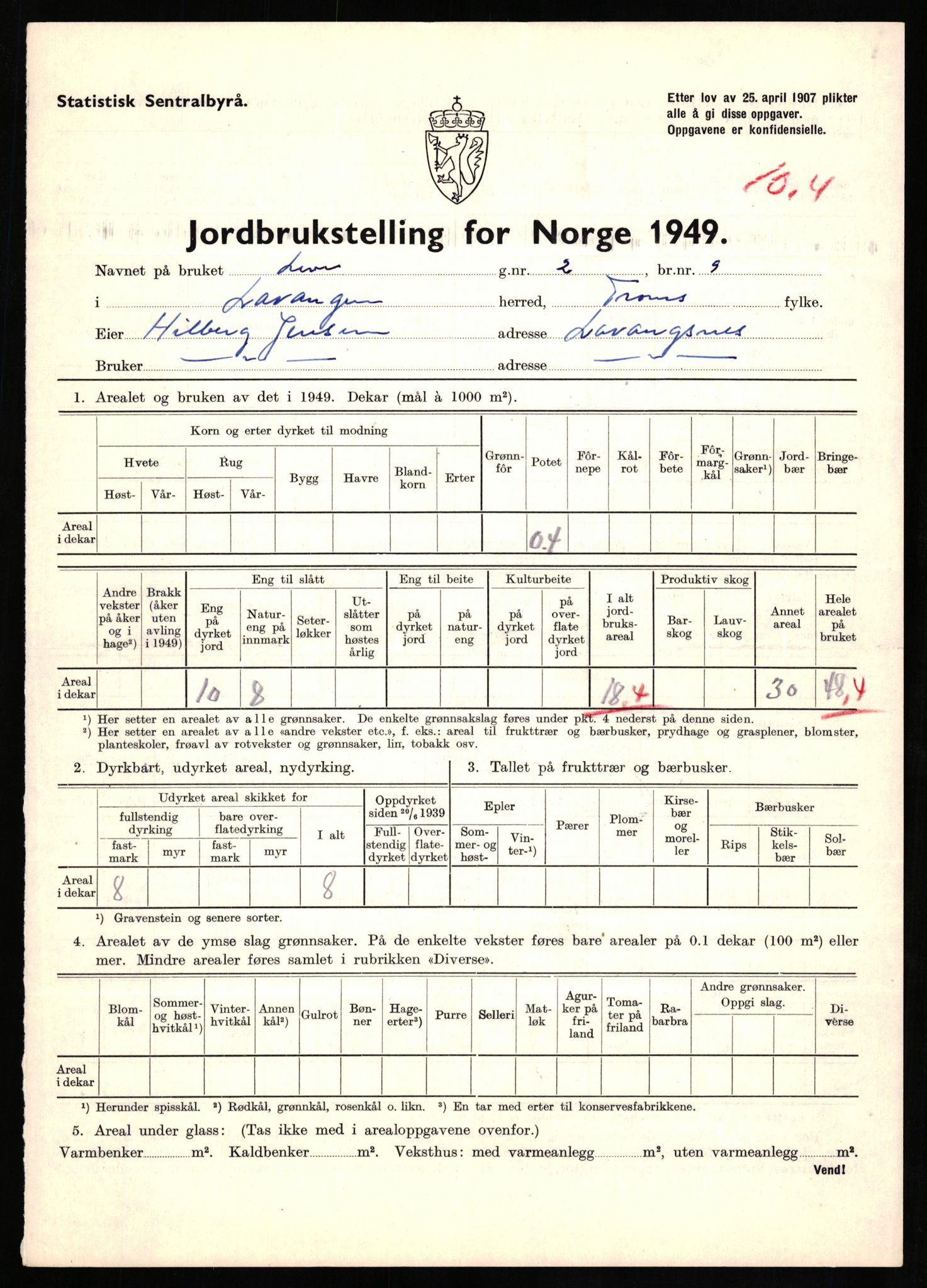 Statistisk sentralbyrå, Næringsøkonomiske emner, Jordbruk, skogbruk, jakt, fiske og fangst, AV/RA-S-2234/G/Gc/L0437: Troms: Gratangen og Lavangen, 1949, p. 64