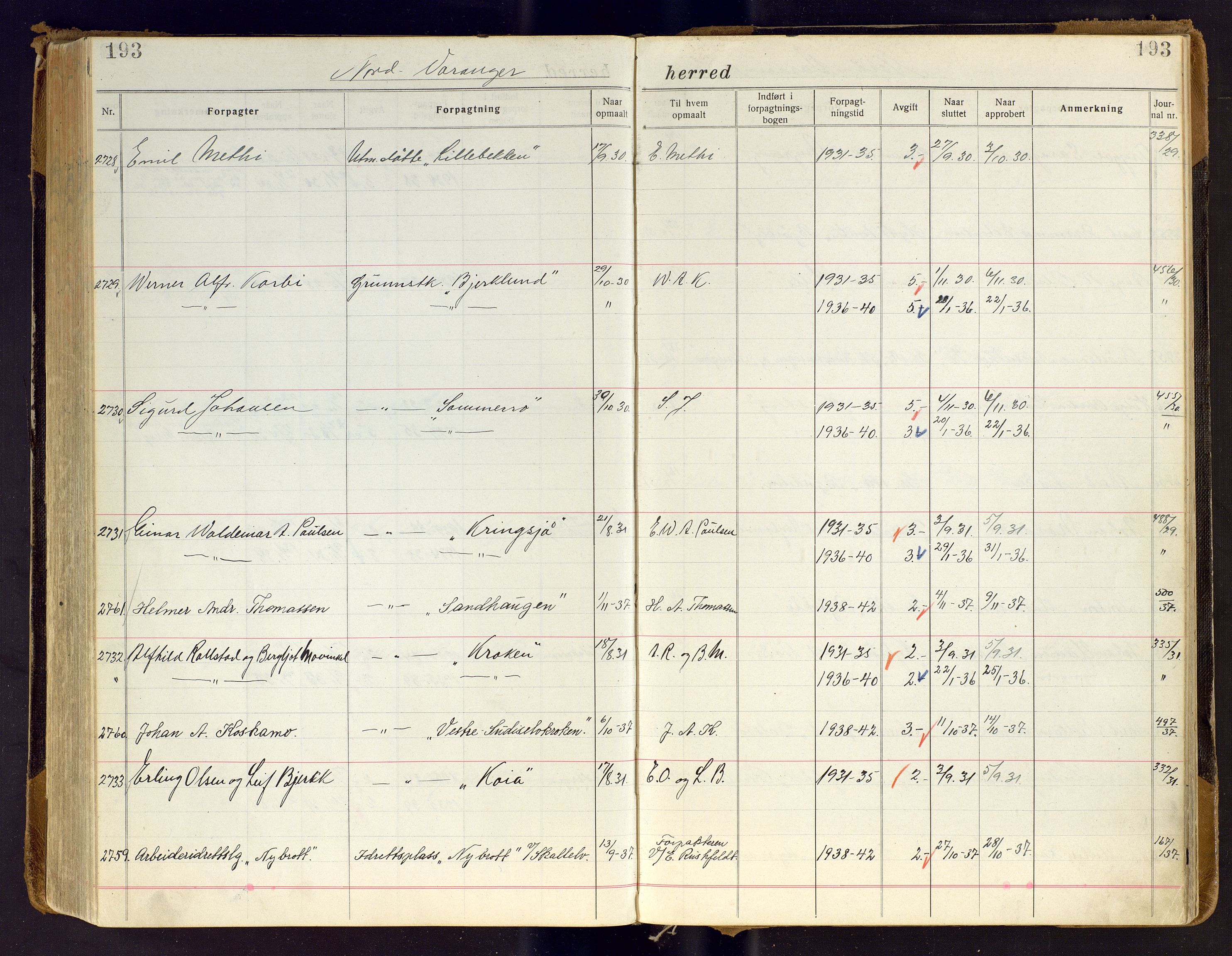 Finnmark jordsalgskommisjon/jordsalgskontor og Statskog SF Finnmark jordsalgskontor, AV/SATØ-S-1443/J/Ja/L0007: Forpaktningsbok for Finnmark III, 1913-1937, p. 193