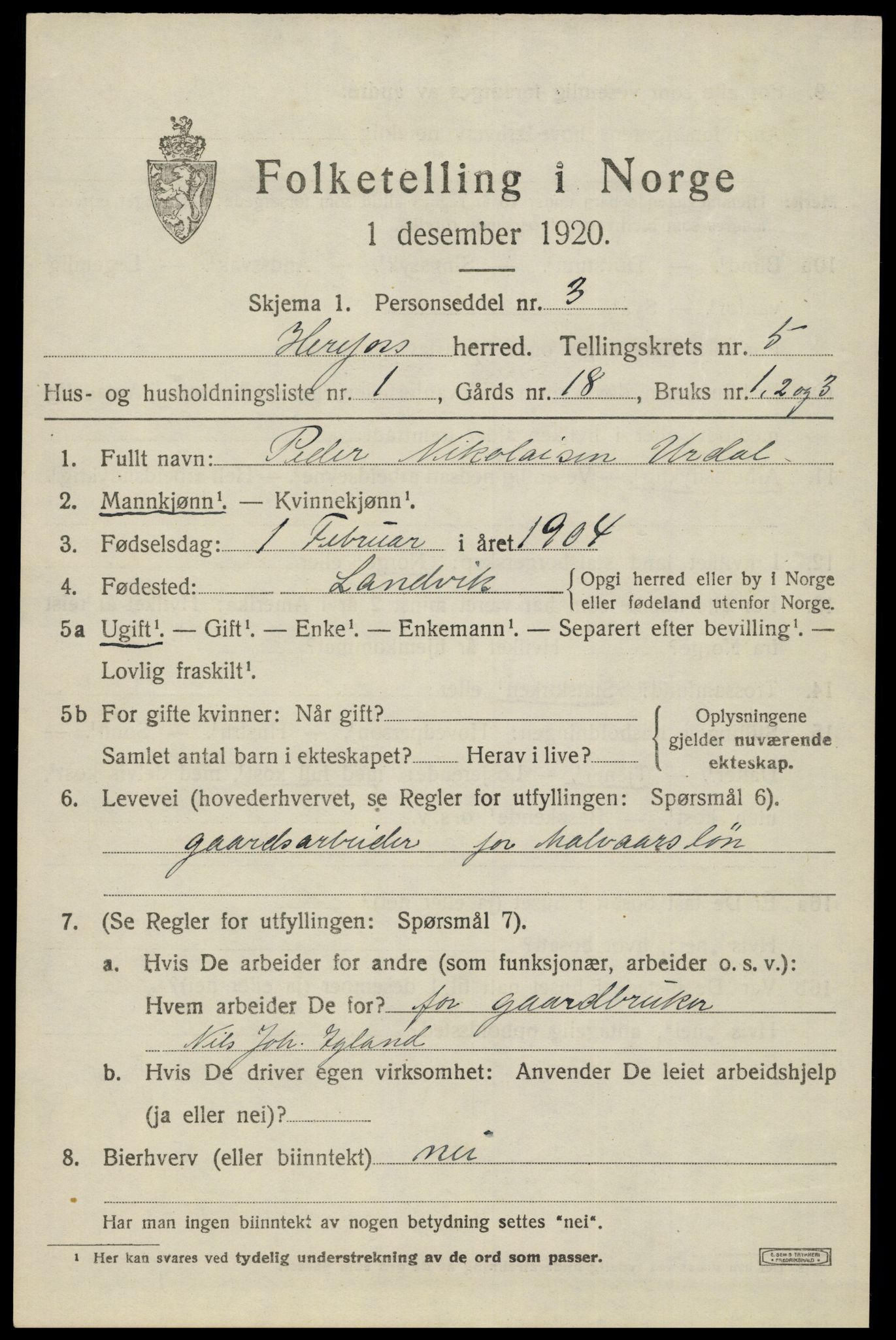 SAK, 1920 census for Herefoss, 1920, p. 922