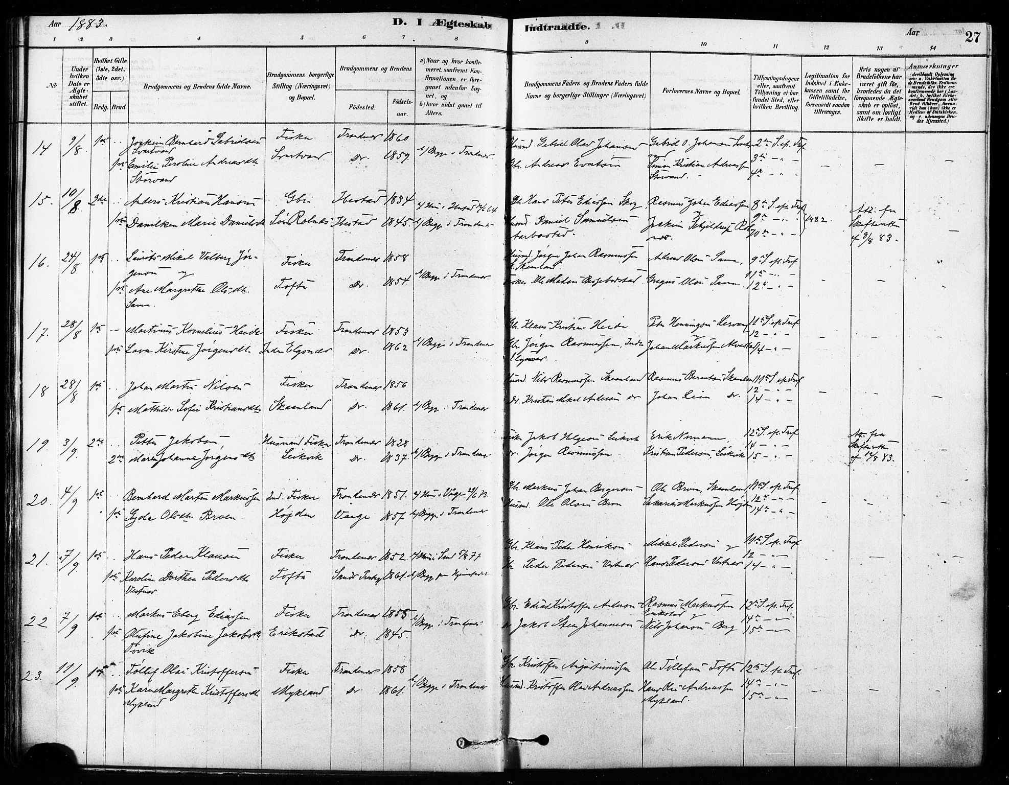 Trondenes sokneprestkontor, SATØ/S-1319/H/Ha/L0015kirke: Parish register (official) no. 15, 1878-1889, p. 27