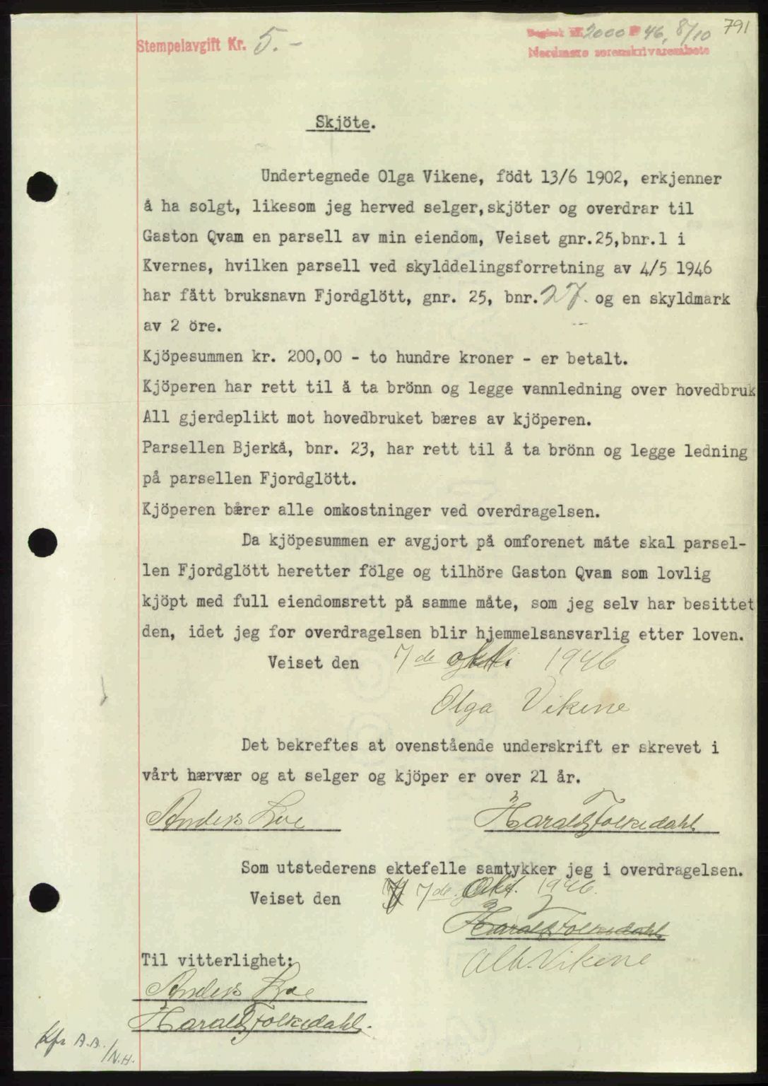 Nordmøre sorenskriveri, AV/SAT-A-4132/1/2/2Ca: Mortgage book no. A102, 1946-1946, Diary no: : 2000/1946