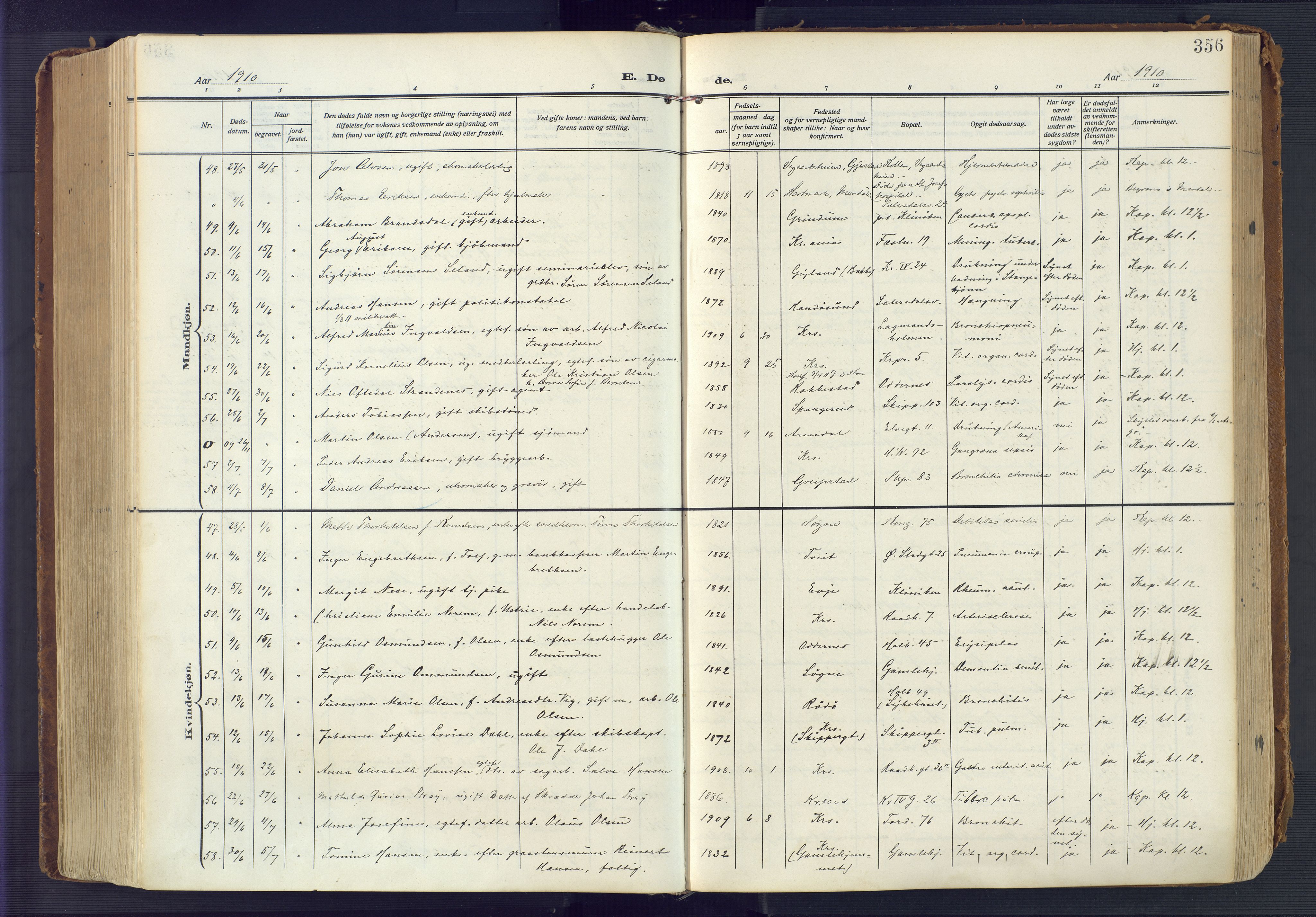 Kristiansand domprosti, AV/SAK-1112-0006/F/Fa/L0023: Parish register (official) no. A 22, 1909-1917, p. 356