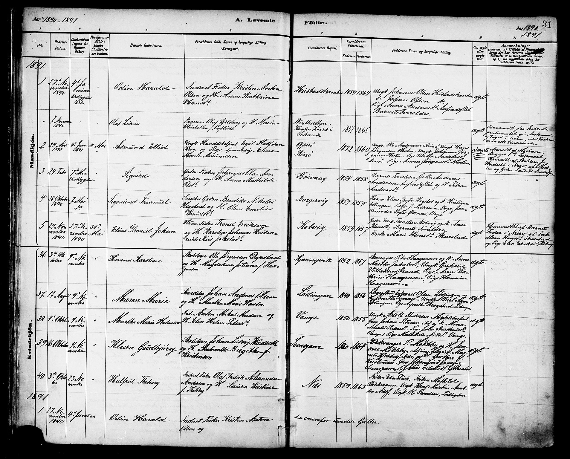 Ministerialprotokoller, klokkerbøker og fødselsregistre - Nordland, SAT/A-1459/872/L1035: Parish register (official) no. 872A10, 1884-1896, p. 31