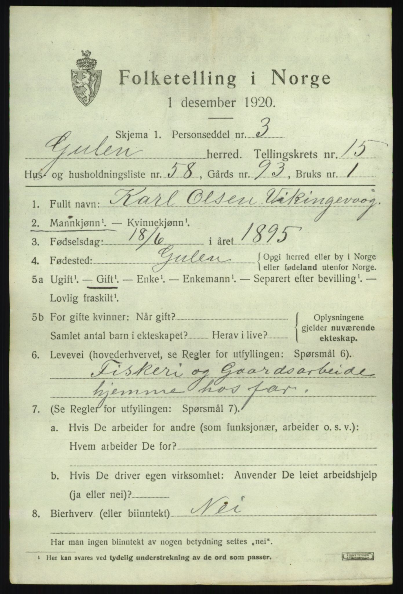 SAB, 1920 census for Gulen, 1920, p. 7153