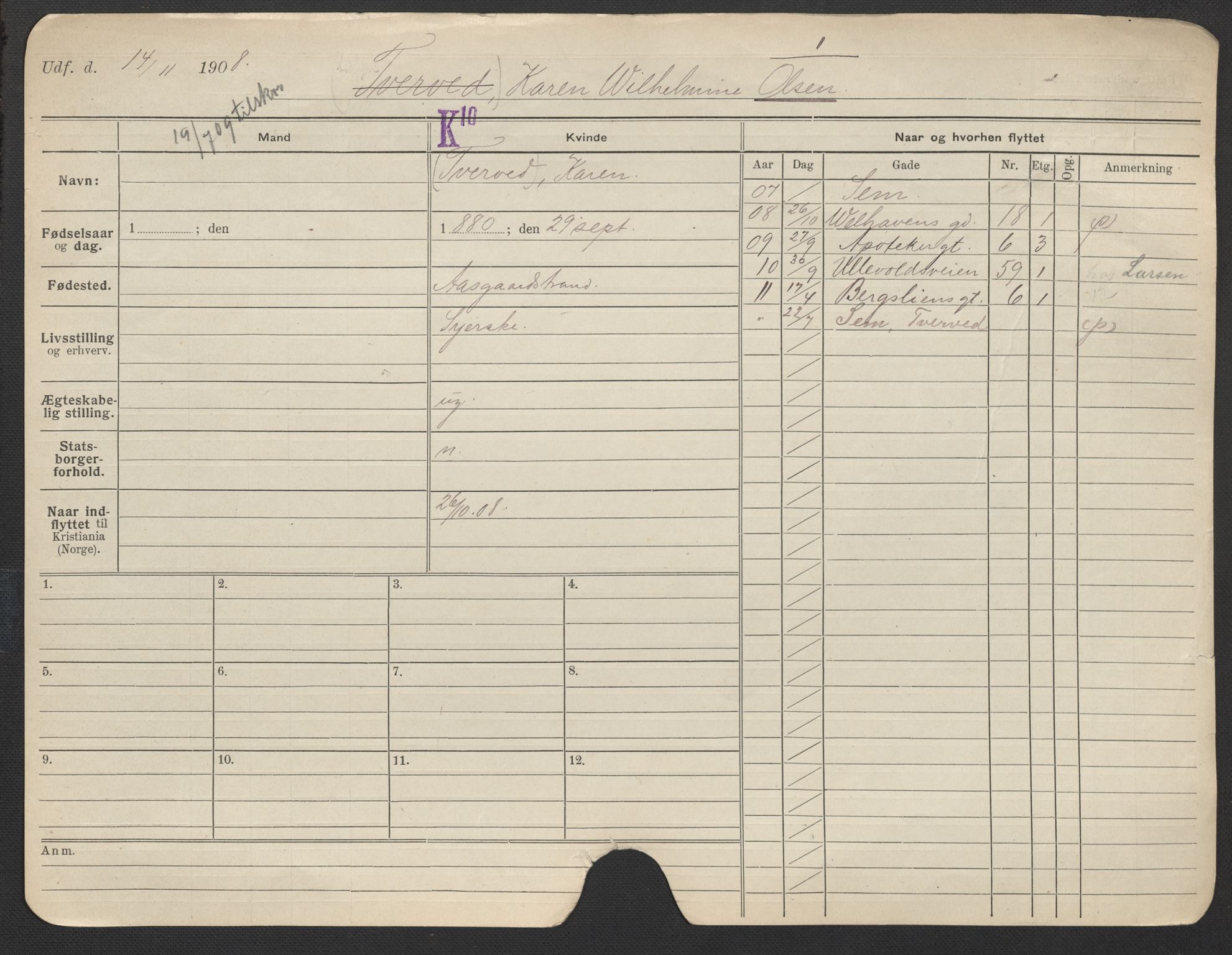 Oslo folkeregister, Registerkort, AV/SAO-A-11715/F/Fa/Fac/L0022: Kvinner, 1906-1914, p. 25a