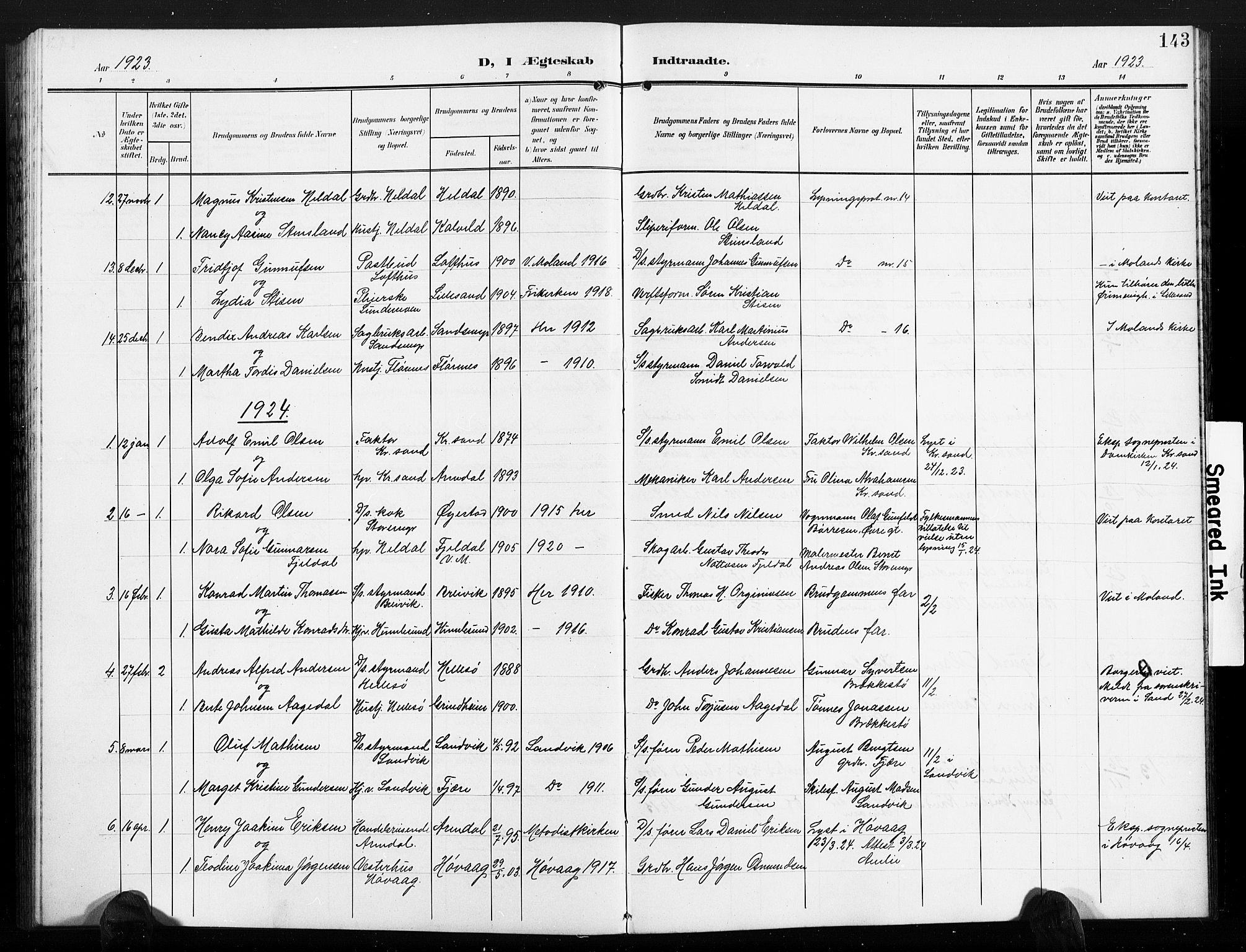 Vestre Moland sokneprestkontor, AV/SAK-1111-0046/F/Fb/Fbb/L0007: Parish register (copy) no. B 7, 1906-1929, p. 143