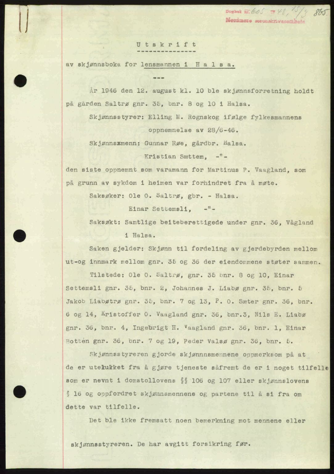 Nordmøre sorenskriveri, AV/SAT-A-4132/1/2/2Ca: Mortgage book no. A107, 1947-1948, Diary no: : 605/1948