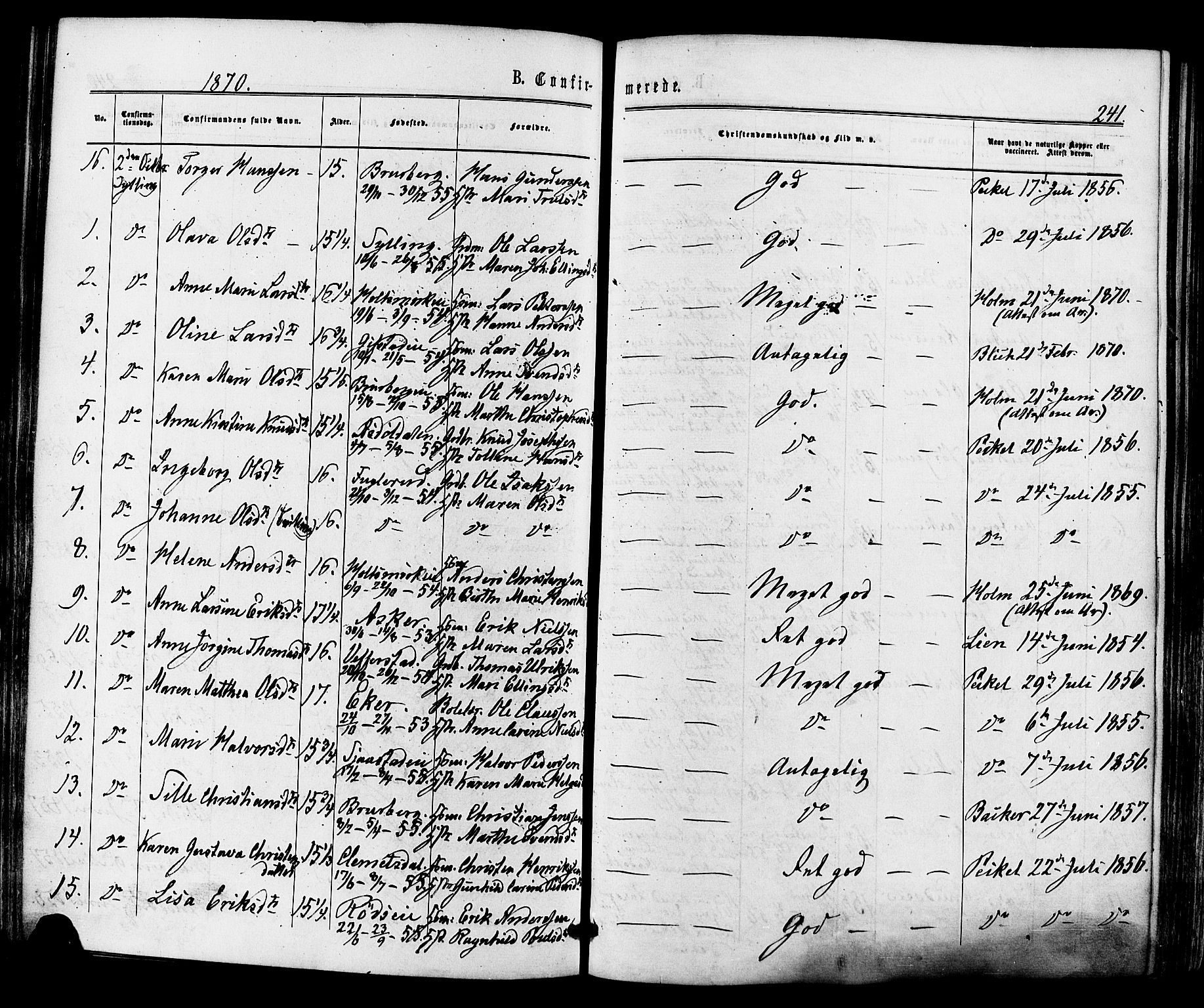 Lier kirkebøker, AV/SAKO-A-230/F/Fa/L0013: Parish register (official) no. I 13, 1865-1874, p. 241