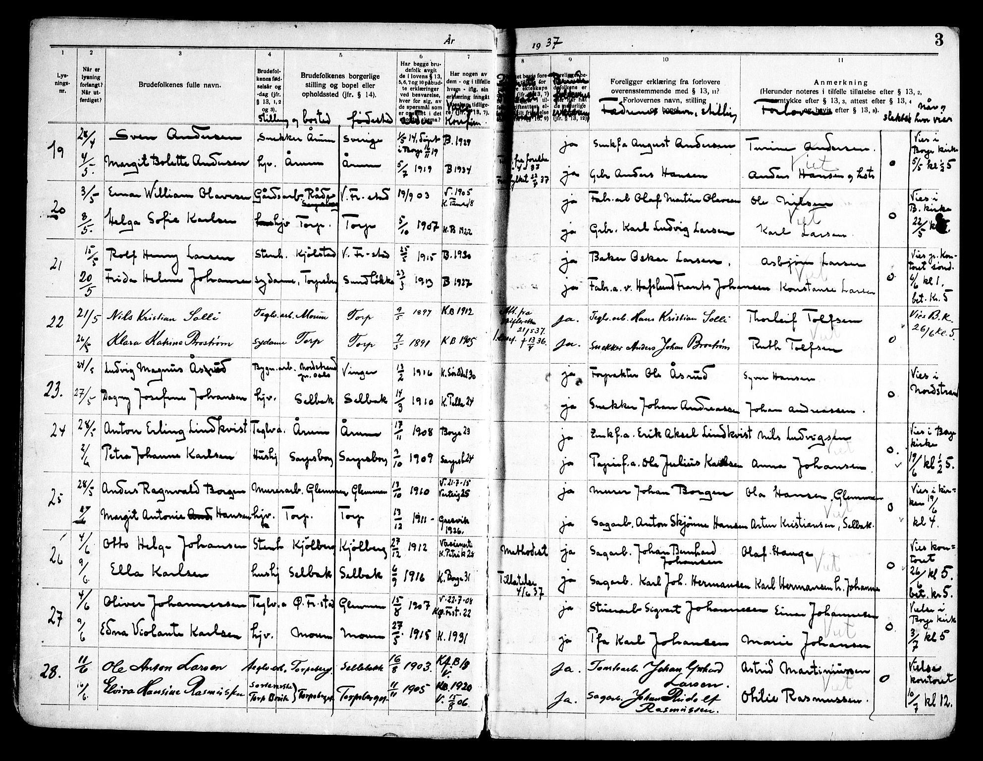 Borge prestekontor Kirkebøker, AV/SAO-A-10903/H/Ha/L0002: Banns register no. I 2, 1937-1956, p. 3