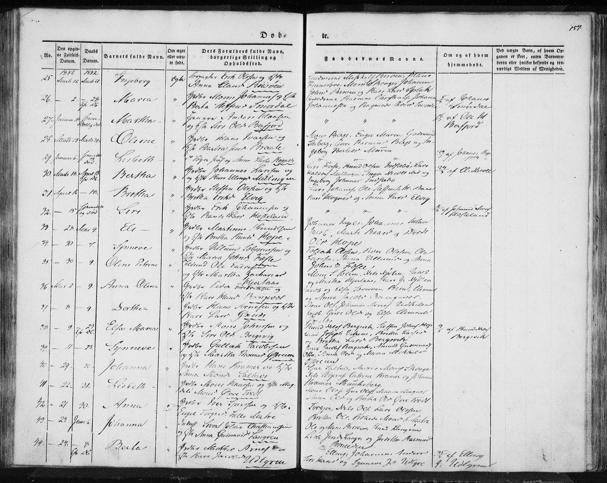 Lindås Sokneprestembete, AV/SAB-A-76701/H/Haa/Haaa/L0010: Parish register (official) no. A 10, 1842-1862, p. 157