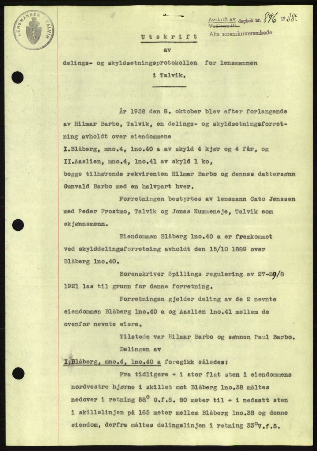 Alta fogderi/sorenskriveri, SATØ/SATØ-5/1/K/Kd/L0031pantebok: Mortgage book no. 31, 1938-1939, Diary no: : 896/1938