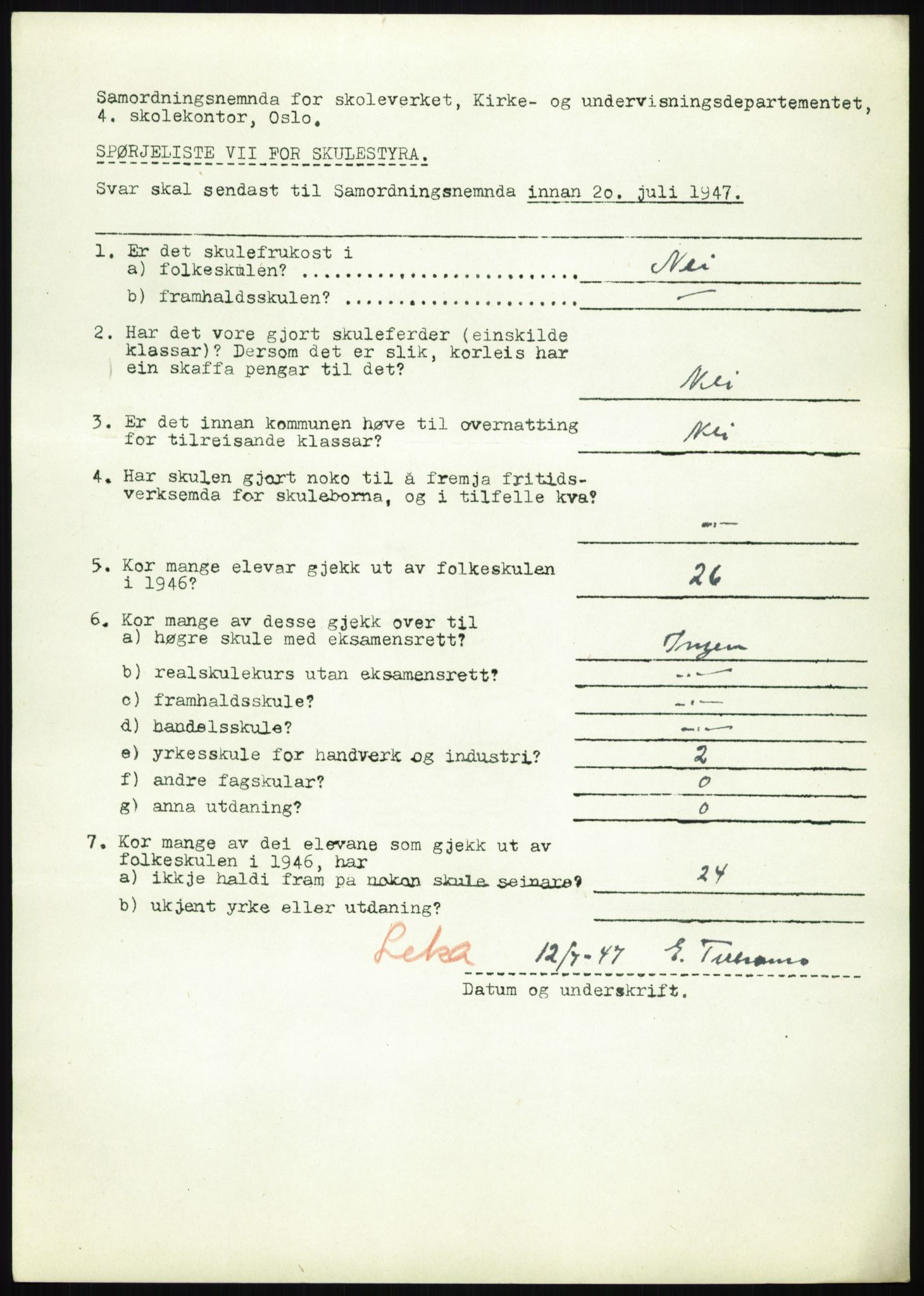 Kirke- og undervisningsdepartementet, Samordningsnemnda for skoleverket, AV/RA-S-1146/D/L0008: Svar på spørreskjema fra kommuner i Nord-Trøndelag, Nordland, Troms og Finnmark, 1947, p. 151