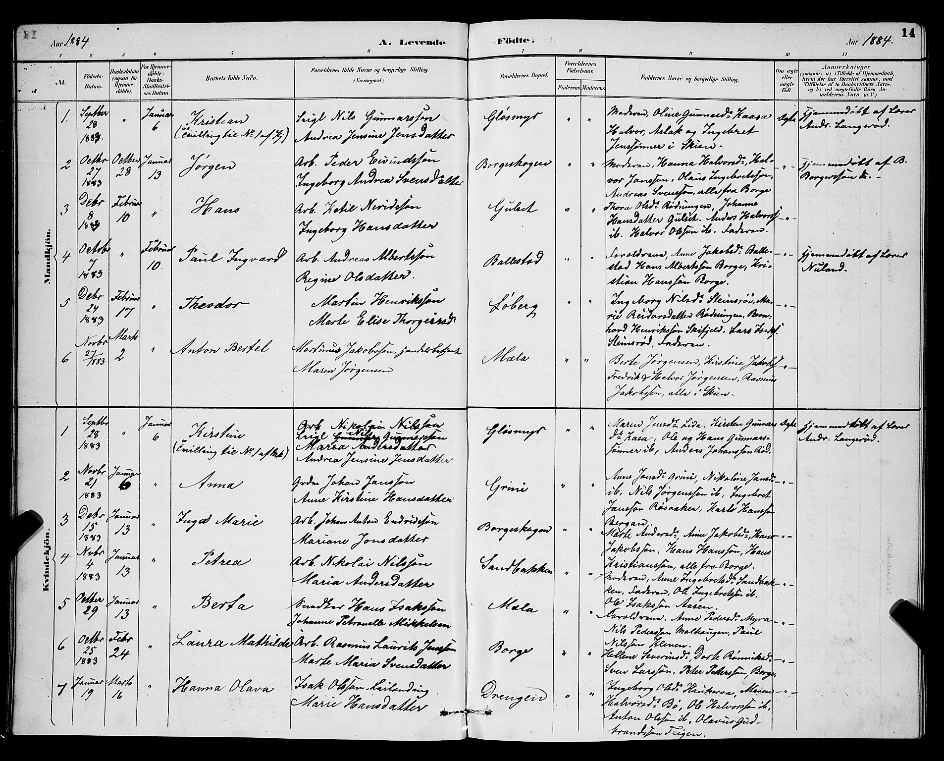 Gjerpen kirkebøker, SAKO/A-265/G/Ga/L0002: Parish register (copy) no. I 2, 1883-1900, p. 14
