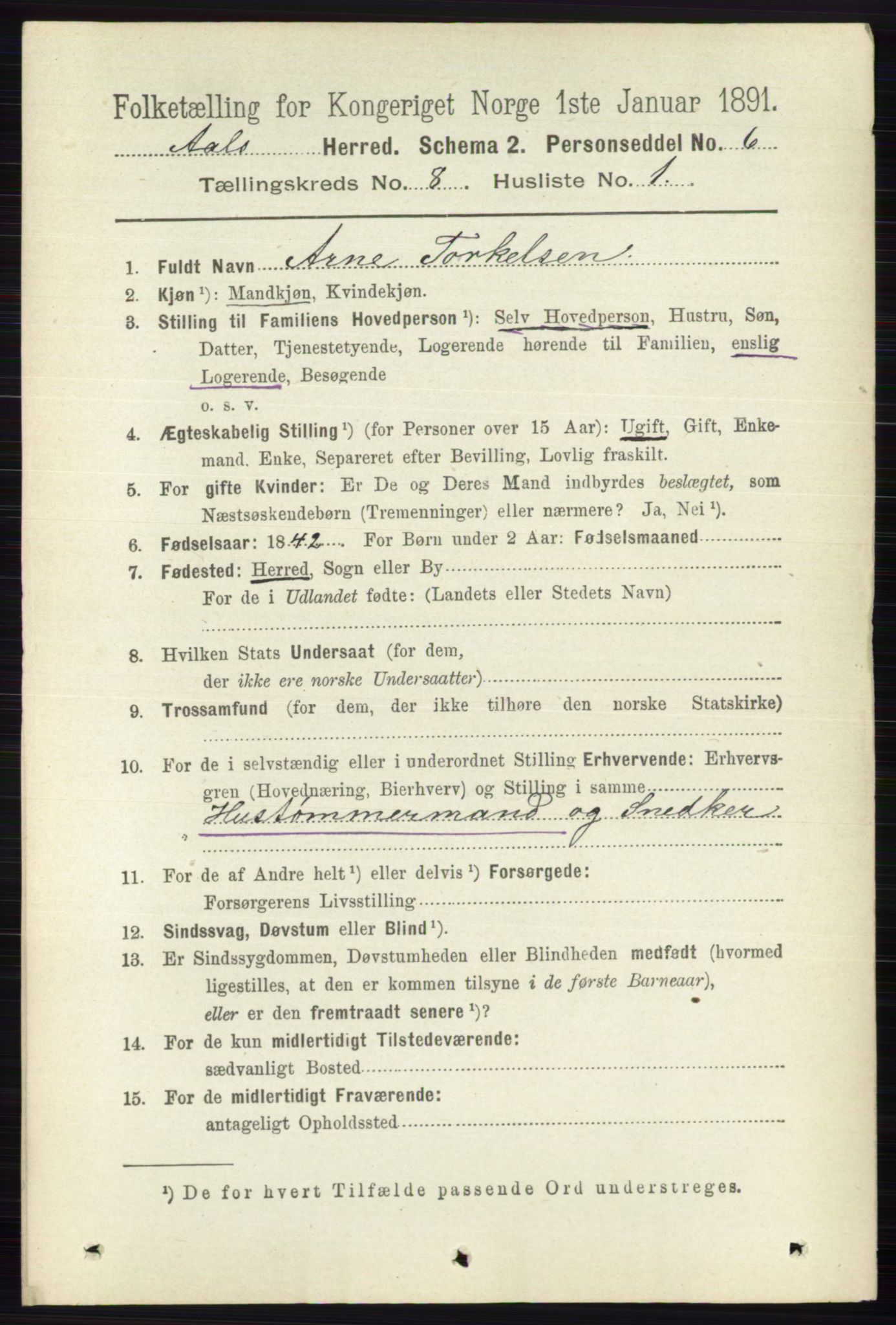 RA, 1891 census for 0619 Ål, 1891, p. 2098