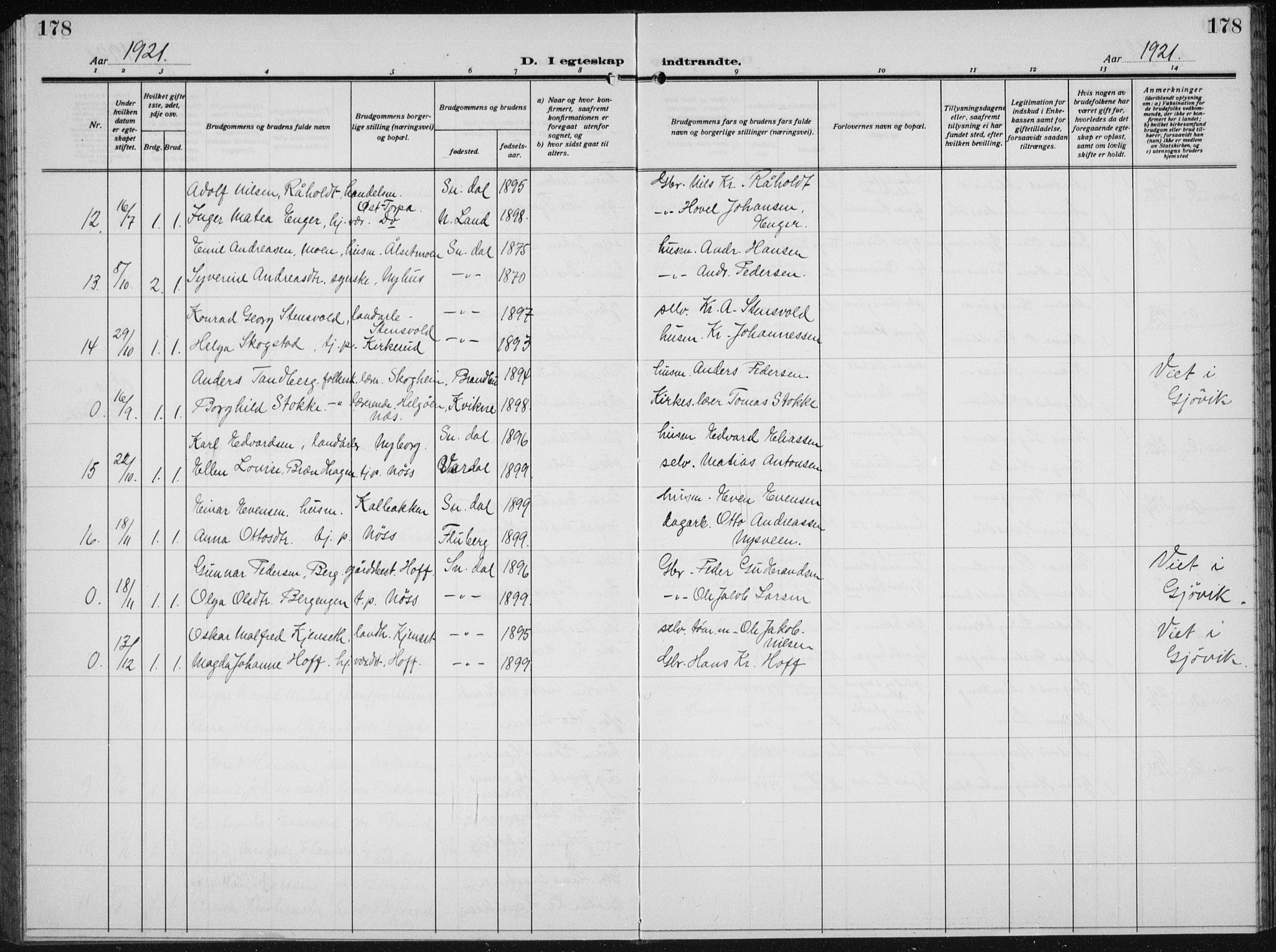 Biri prestekontor, SAH/PREST-096/H/Ha/Hab/L0007: Parish register (copy) no. 7, 1919-1941, p. 178
