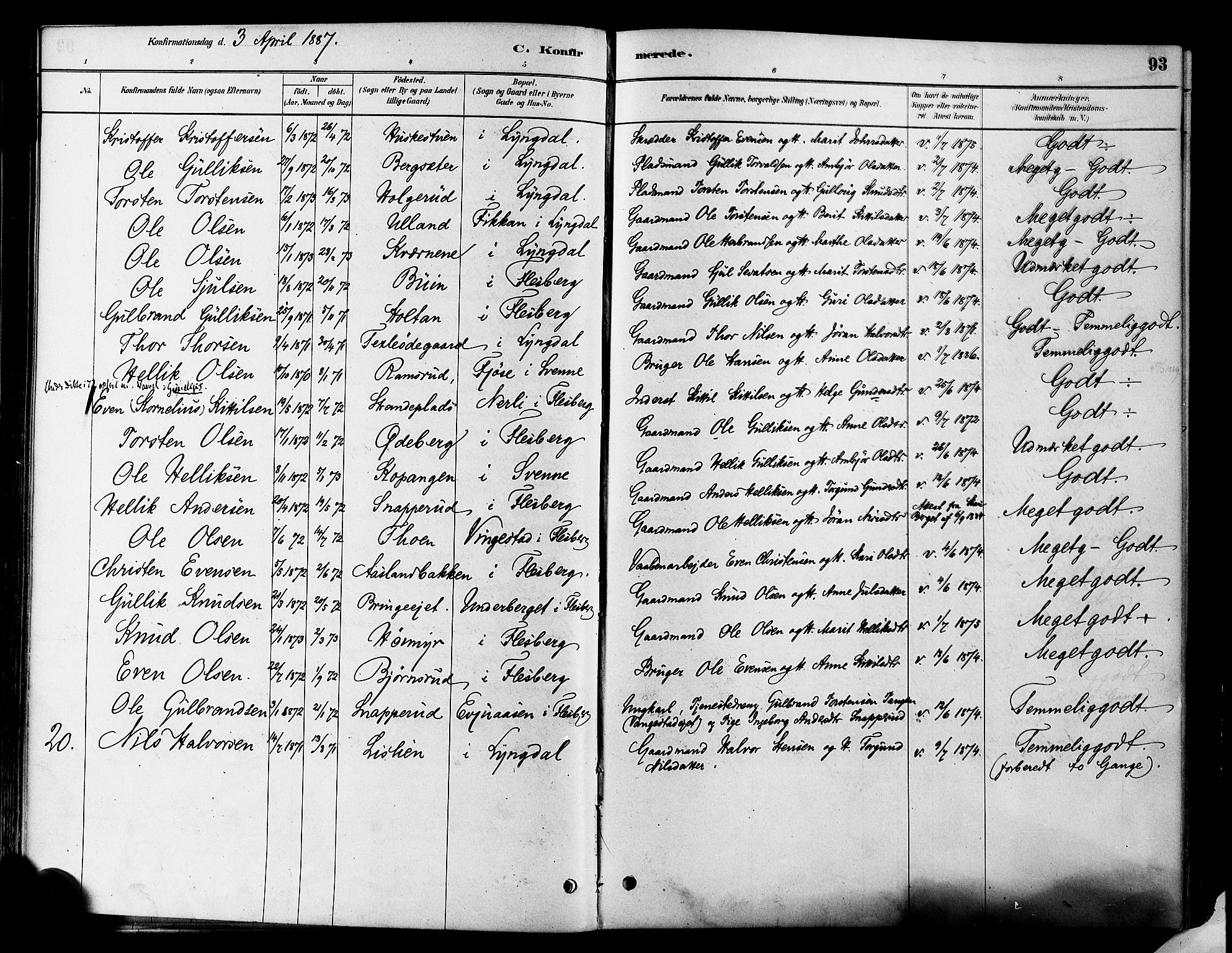 Flesberg kirkebøker, AV/SAKO-A-18/F/Fa/L0008: Parish register (official) no. I 8, 1879-1899, p. 93