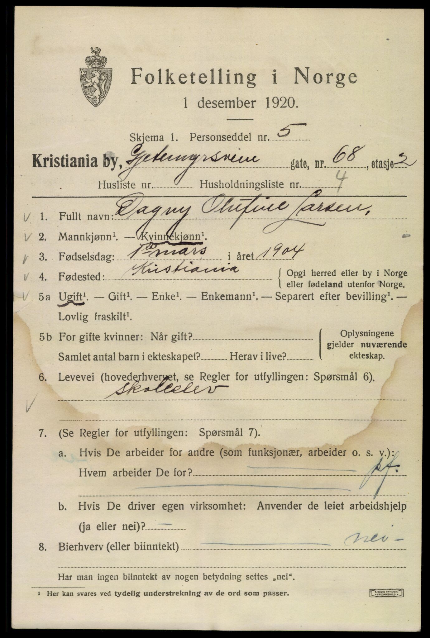 SAO, 1920 census for Kristiania, 1920, p. 250105