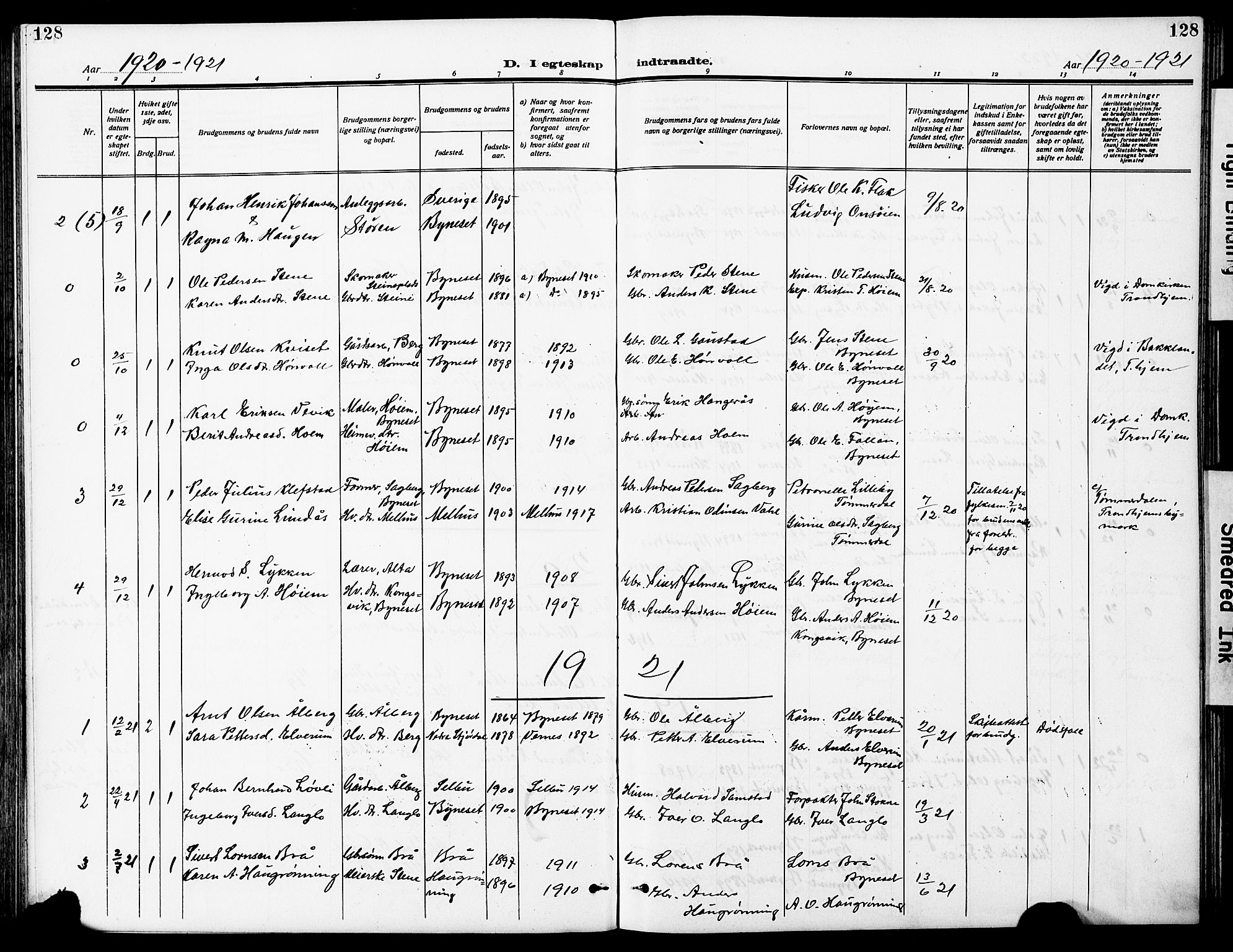 Ministerialprotokoller, klokkerbøker og fødselsregistre - Sør-Trøndelag, AV/SAT-A-1456/612/L0388: Parish register (copy) no. 612C04, 1909-1929, p. 128