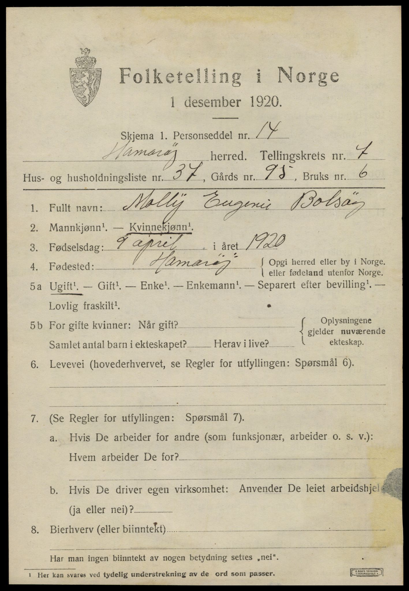 SAT, 1920 census for Hamarøy, 1920, p. 3670