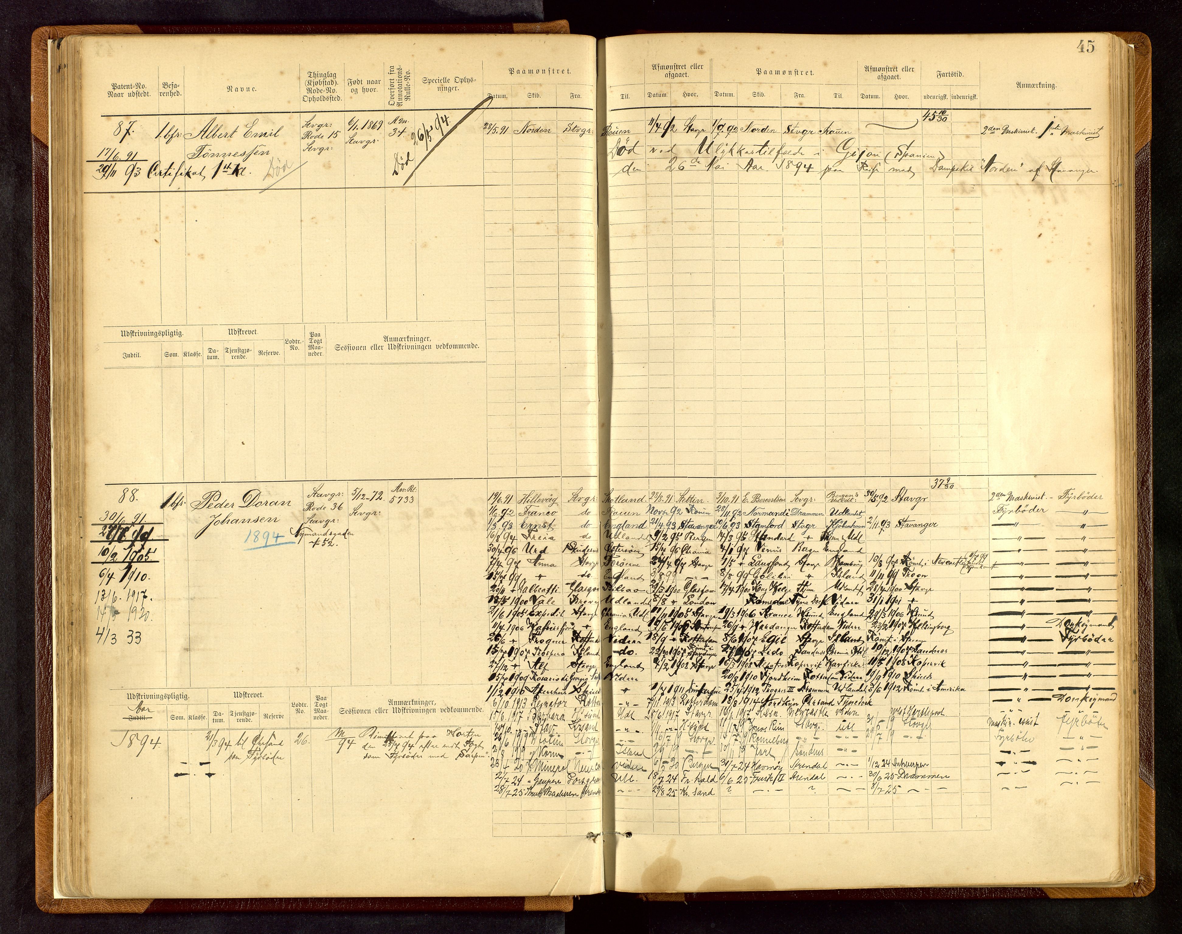 Stavanger sjømannskontor, AV/SAST-A-102006/F/Fe/L0001: Maskinist- og fyrbøterrulle, patentnr. 1-58/1-194, 1884-1894, p. 48