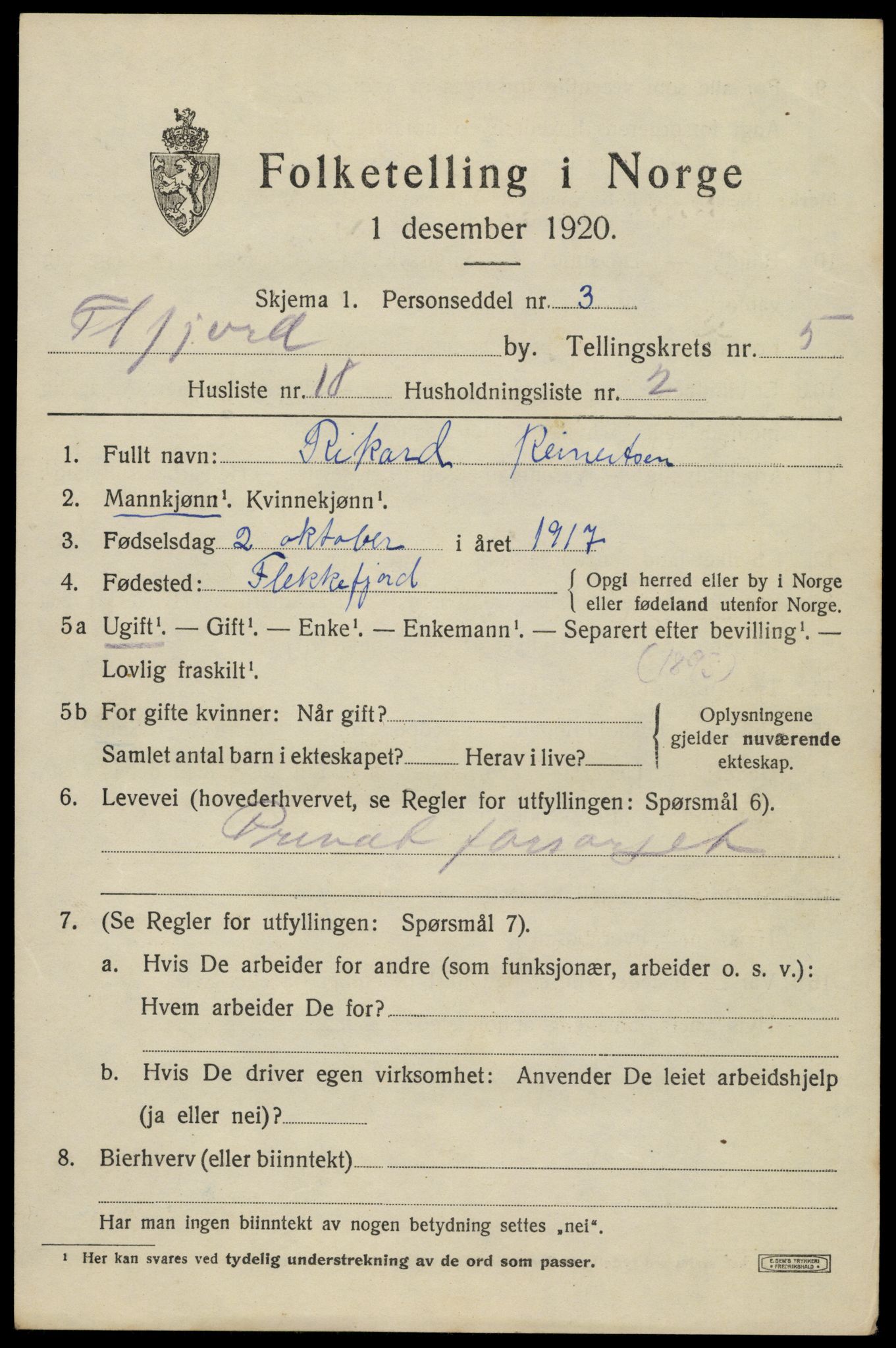 SAK, 1920 census for Flekkefjord, 1920, p. 5438