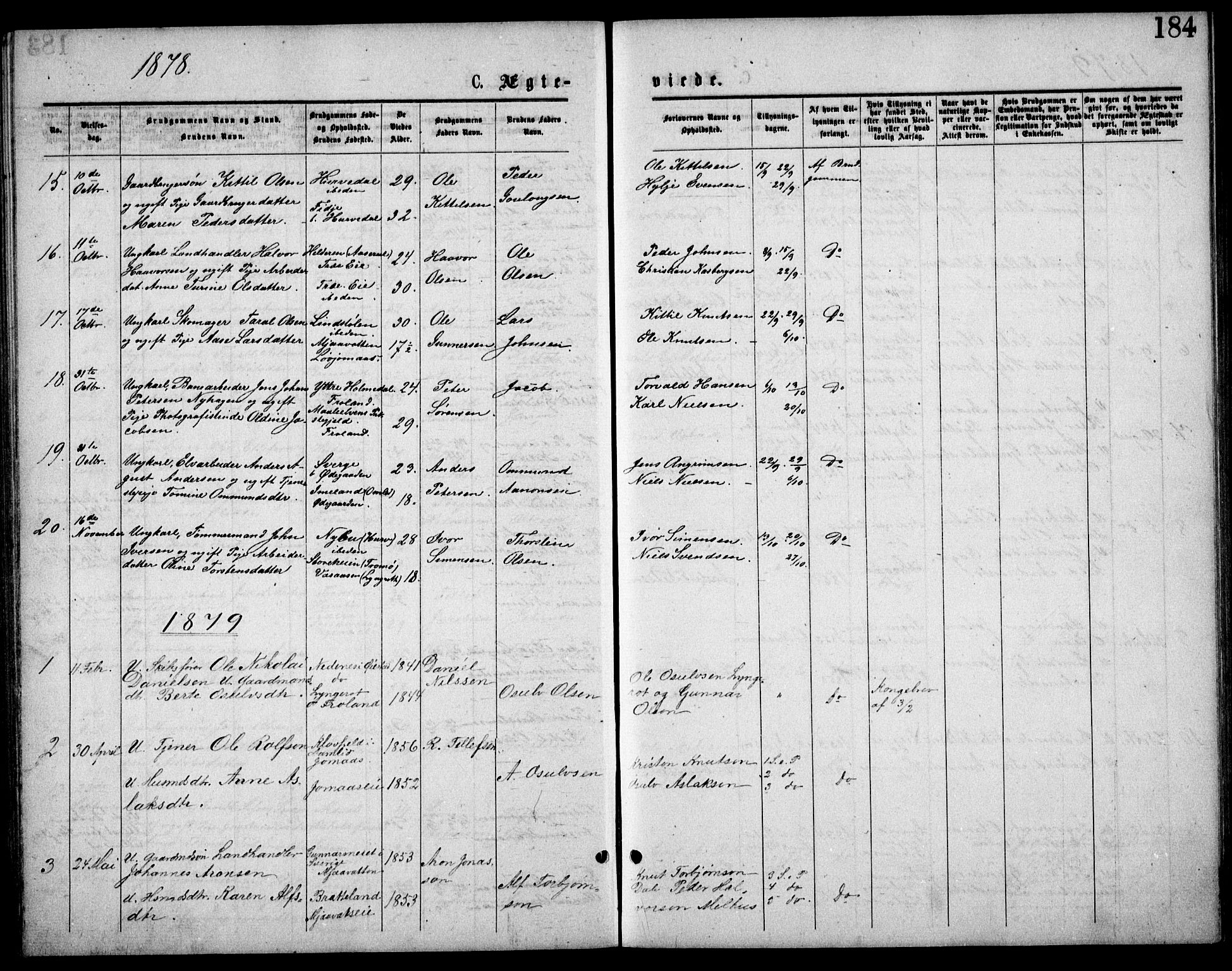 Froland sokneprestkontor, SAK/1111-0013/F/Fb/L0009: Parish register (copy) no. B 9, 1875-1893, p. 184