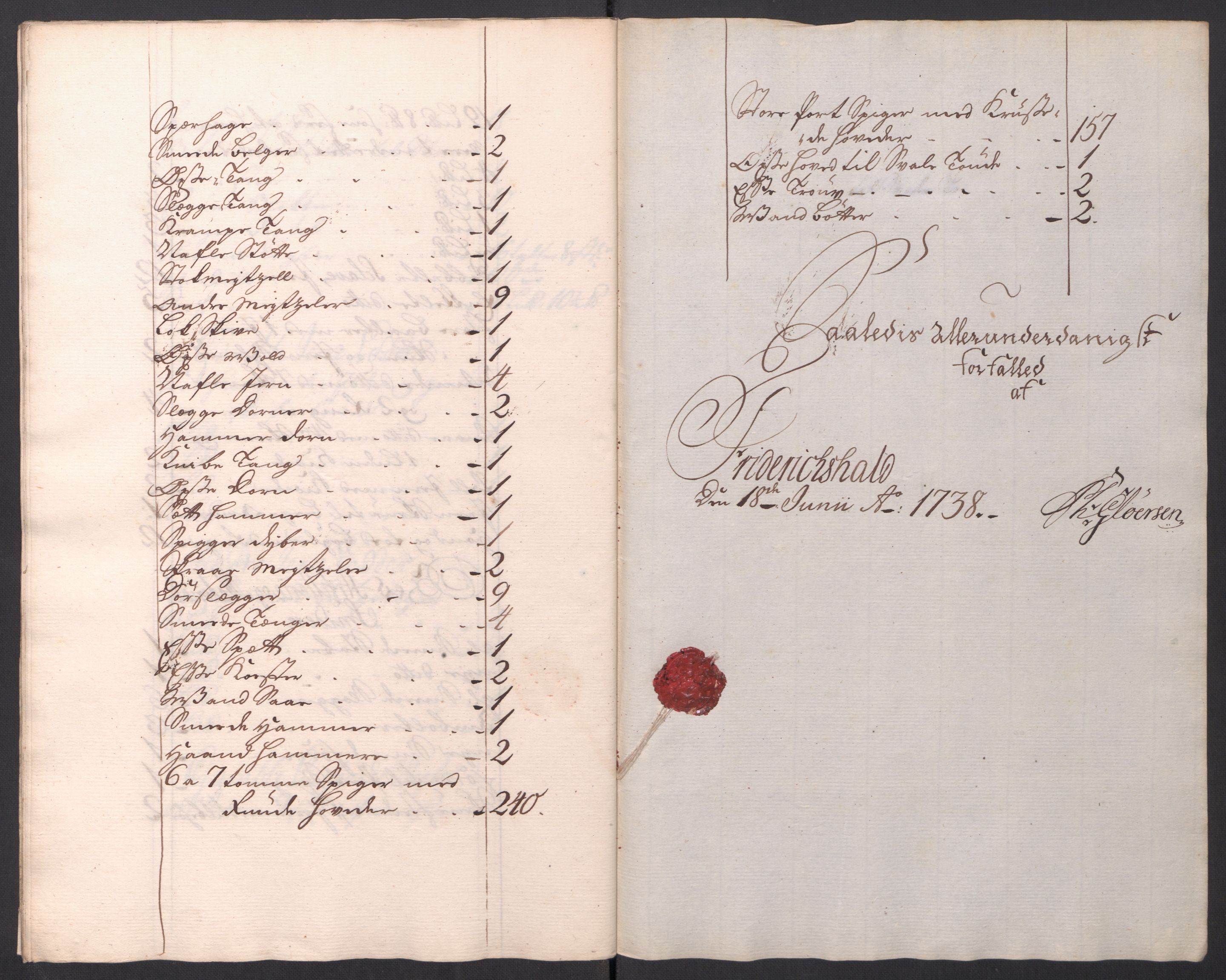 Kommanderende general (KG I) med Det norske krigsdirektorium, AV/RA-EA-5419/D/L0154: Fredriksten festning: Brev, inventarfortegnelser og regnskapsekstrakter, 1730-1739, p. 621