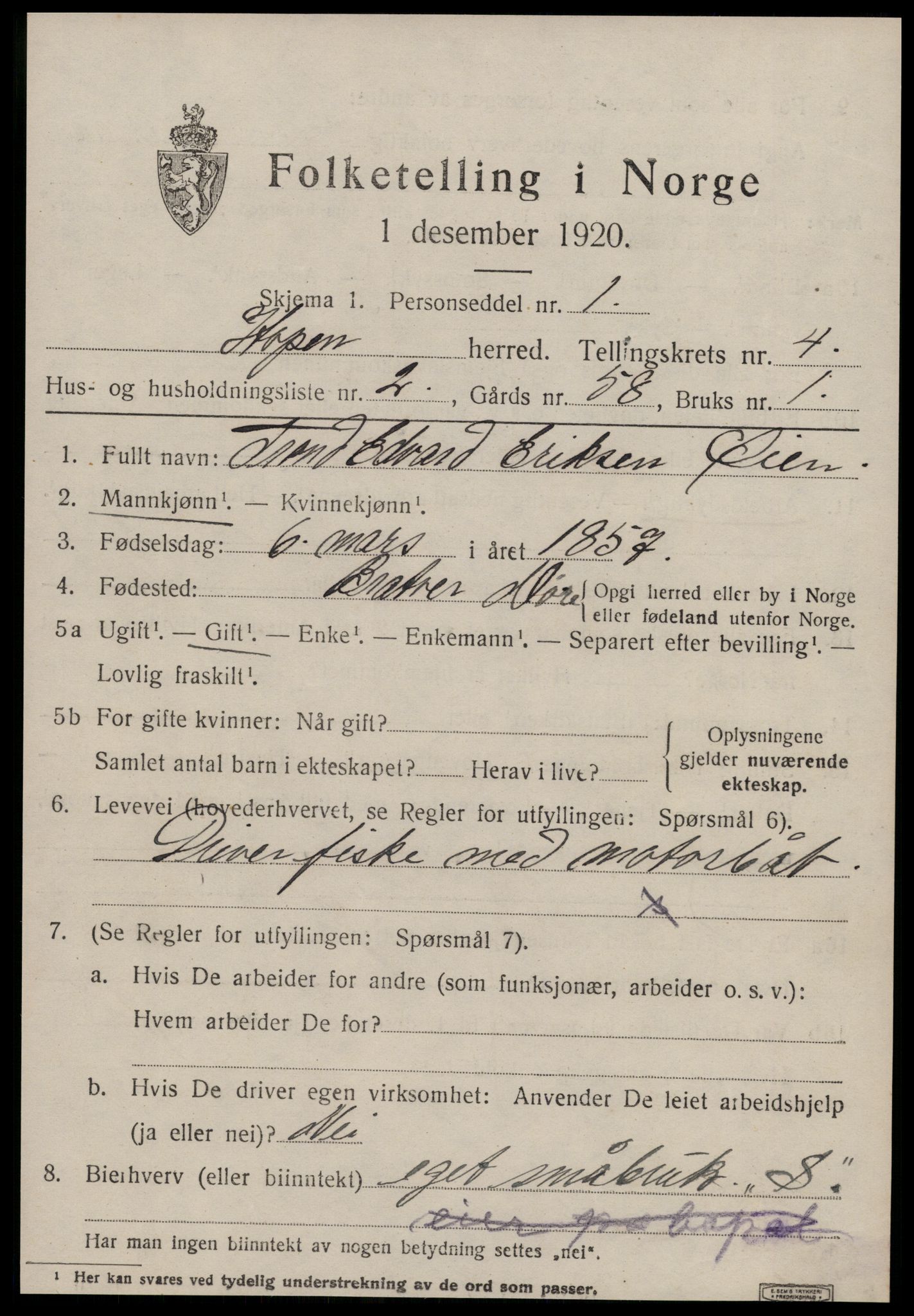 SAT, 1920 census for Hopen, 1920, p. 2006