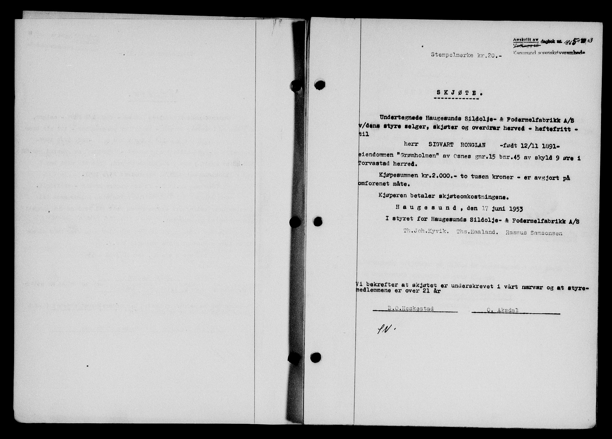Karmsund sorenskriveri, SAST/A-100311/01/II/IIB/L0109: Mortgage book no. 89A, 1953-1953, Diary no: : 1865/1953