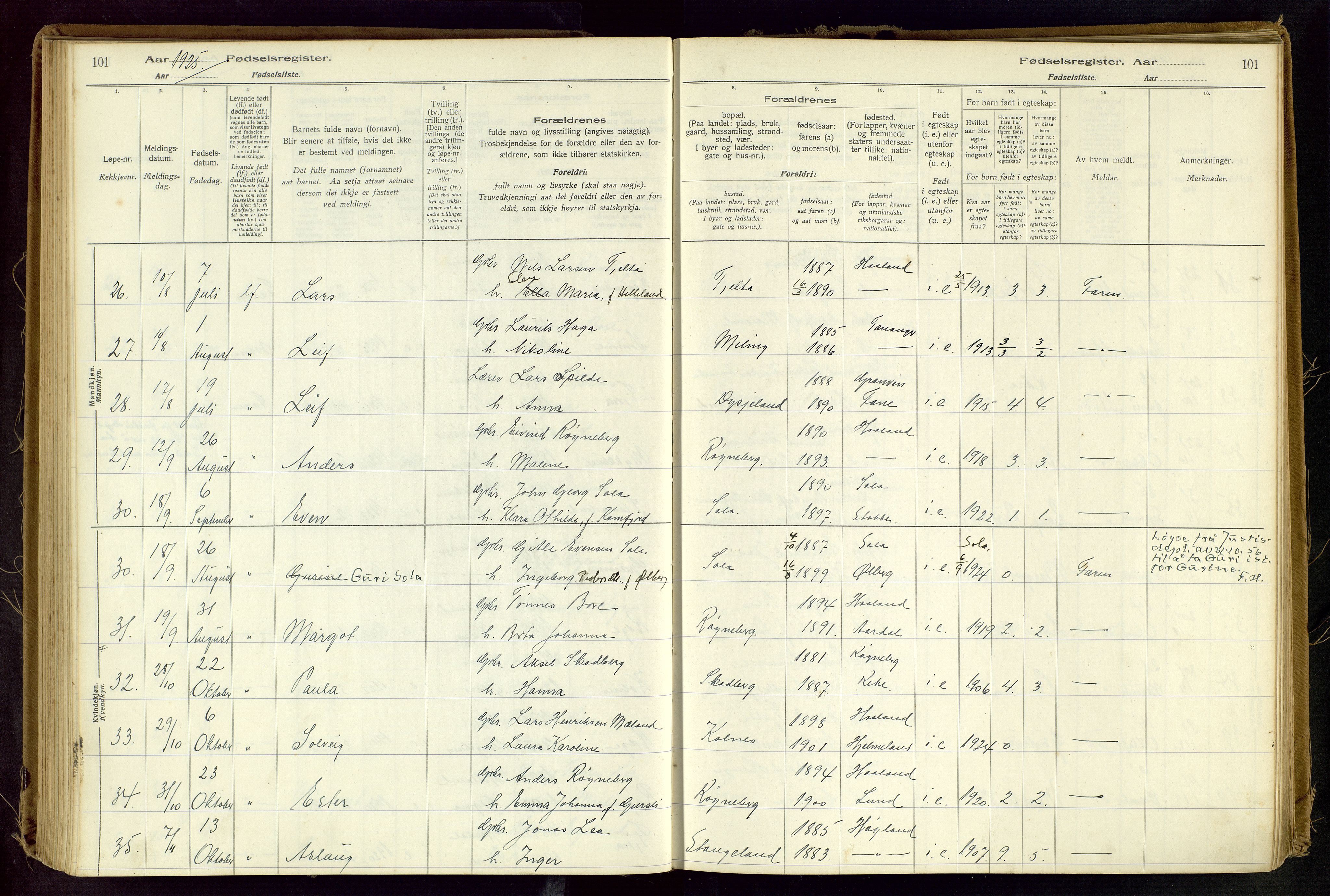 Håland sokneprestkontor, AV/SAST-A-101802/001/704BA/L0001: Birth register no. 1, 1916-1936, p. 101