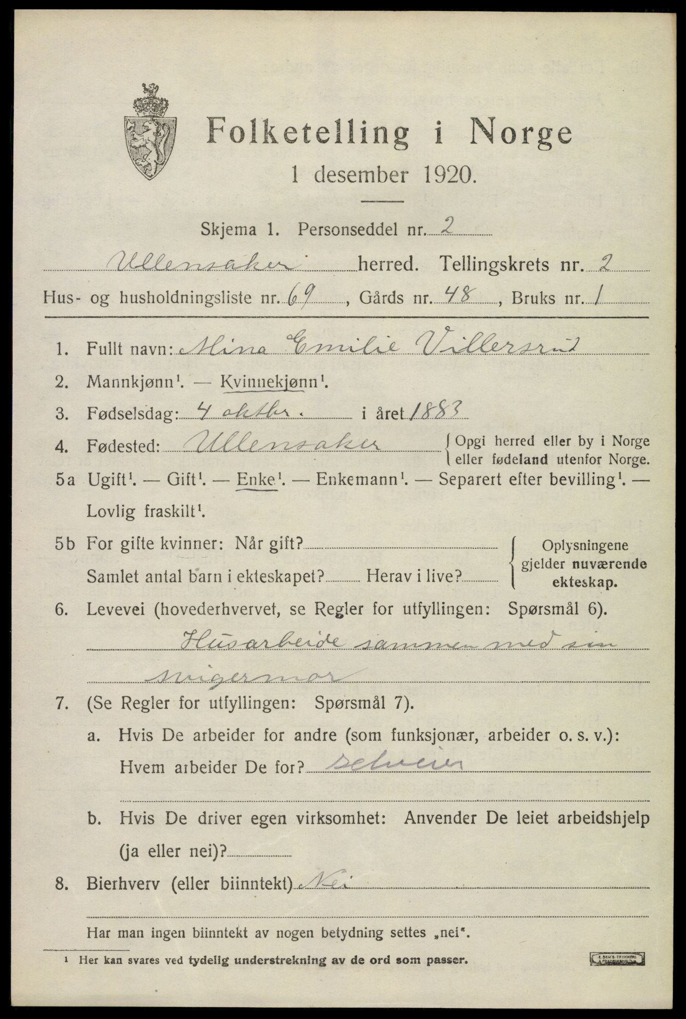 SAO, 1920 census for Ullensaker, 1920, p. 5493