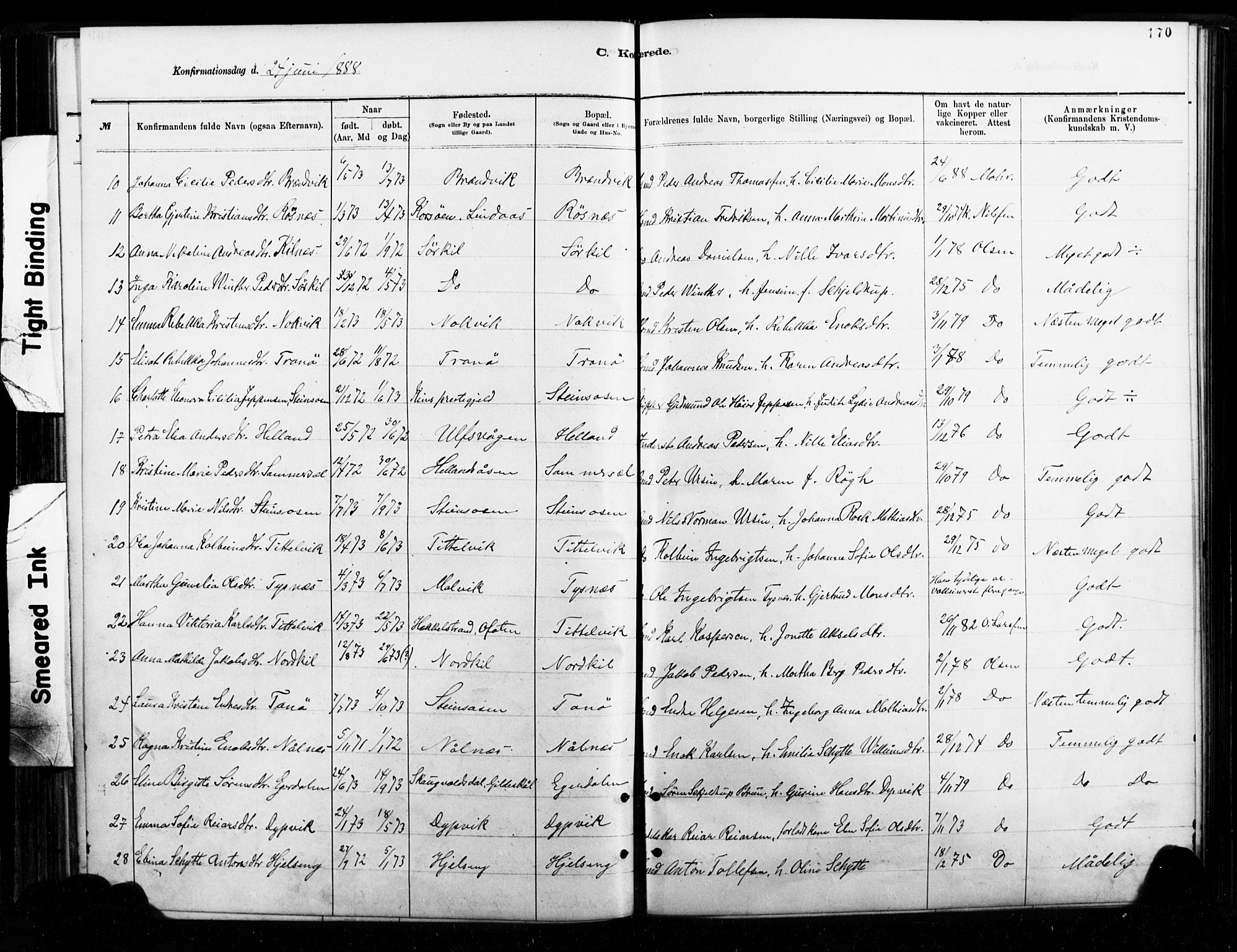 Ministerialprotokoller, klokkerbøker og fødselsregistre - Nordland, AV/SAT-A-1459/859/L0846: Parish register (official) no. 859A06, 1878-1889, p. 170