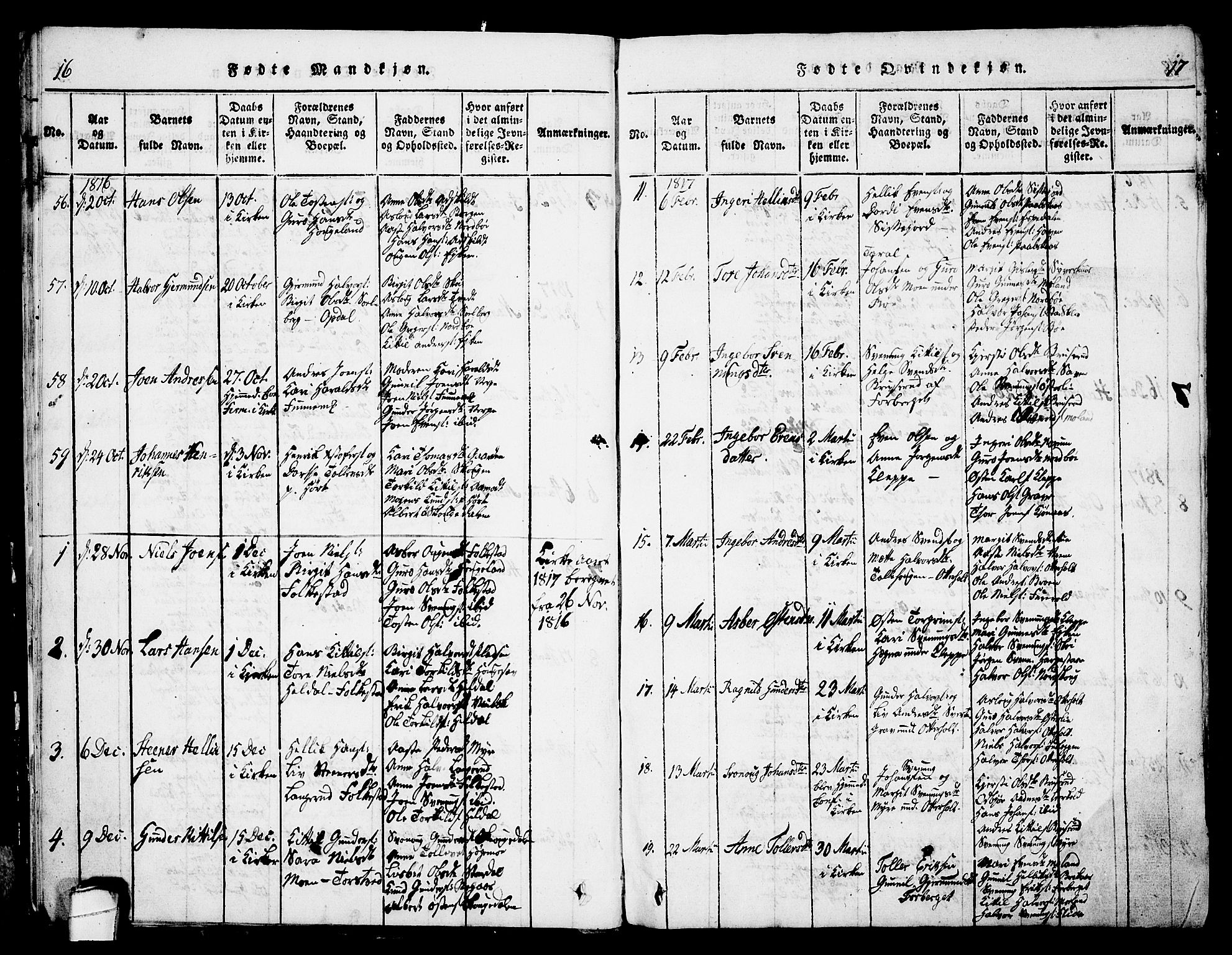 Bø kirkebøker, SAKO/A-257/G/Ga/L0001: Parish register (copy) no. 1, 1815-1831, p. 16-17
