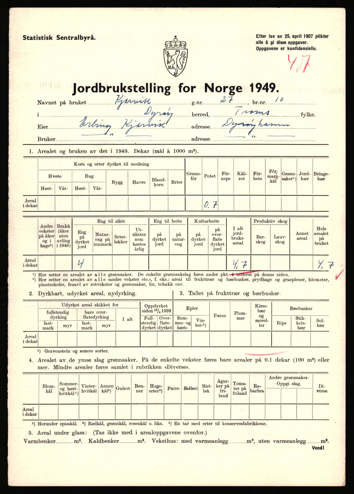 Statistisk sentralbyrå, Næringsøkonomiske emner, Jordbruk, skogbruk, jakt, fiske og fangst, AV/RA-S-2234/G/Gc/L0440: Troms: Sørreisa og Dyrøy, 1949, p. 927