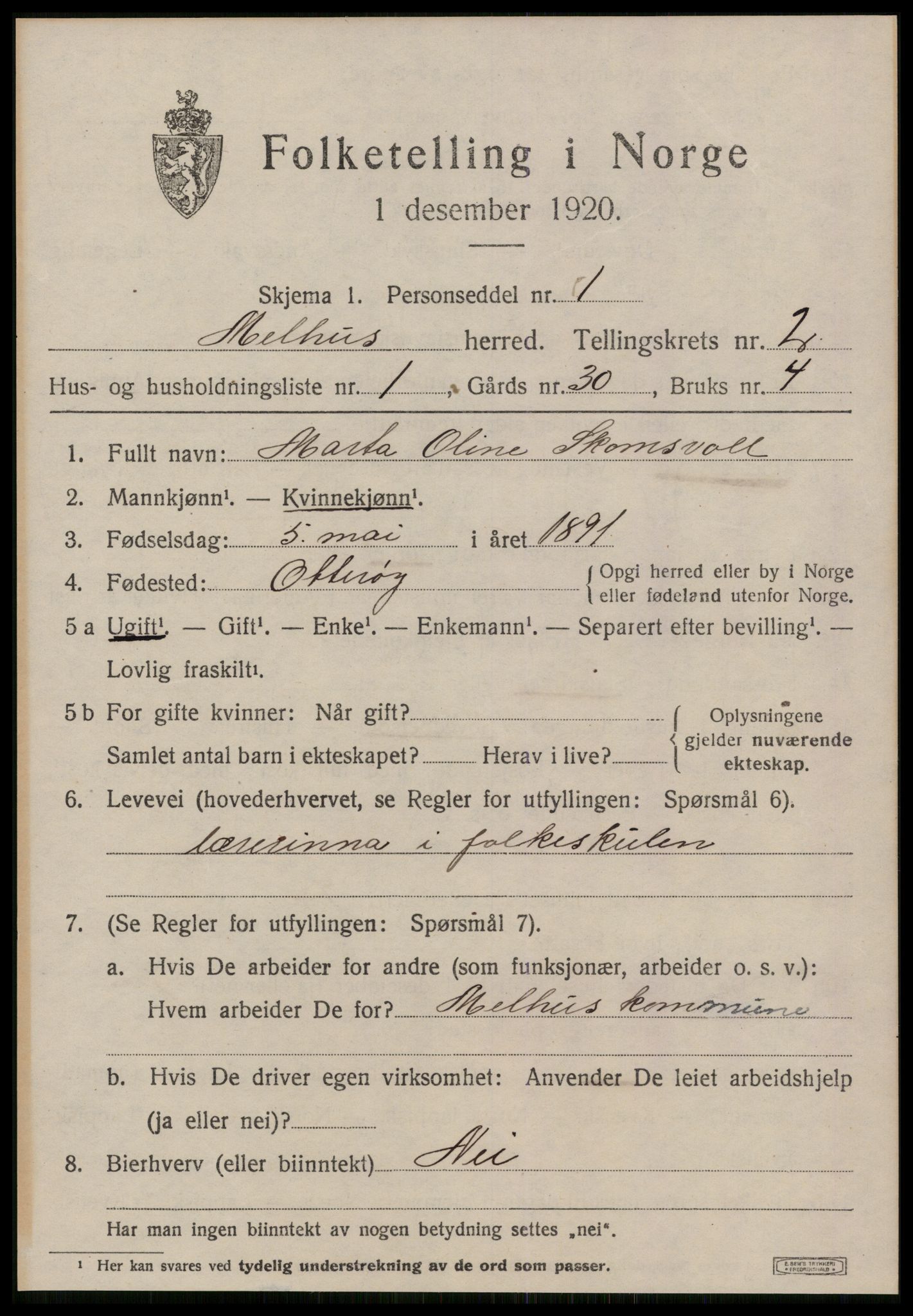 SAT, 1920 census for Melhus, 1920, p. 1533