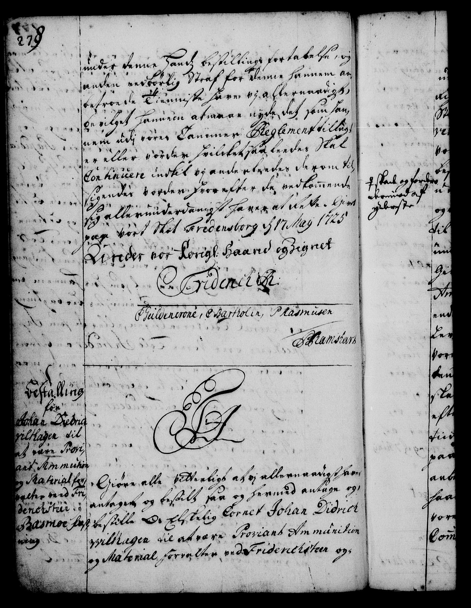 Rentekammeret, Kammerkanselliet, RA/EA-3111/G/Gg/Gge/L0001: Norsk bestallingsprotokoll med register (merket RK 53.25), 1720-1730, p. 278