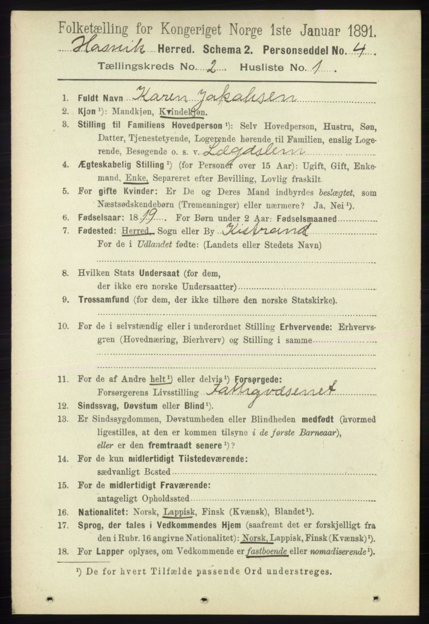 RA, 1891 census for 2015 Hasvik, 1891, p. 282