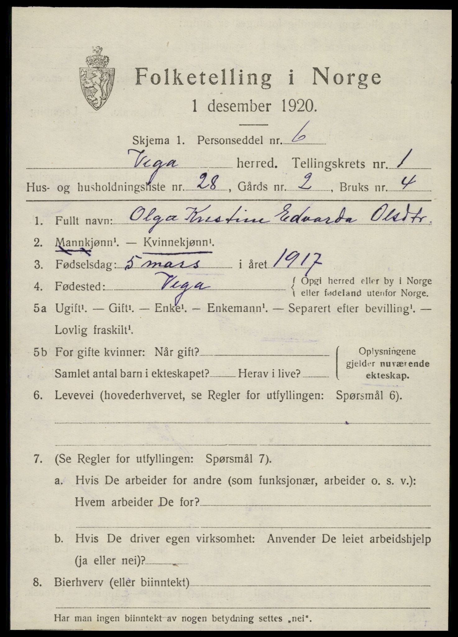 SAT, 1920 census for Vega, 1920, p. 1257