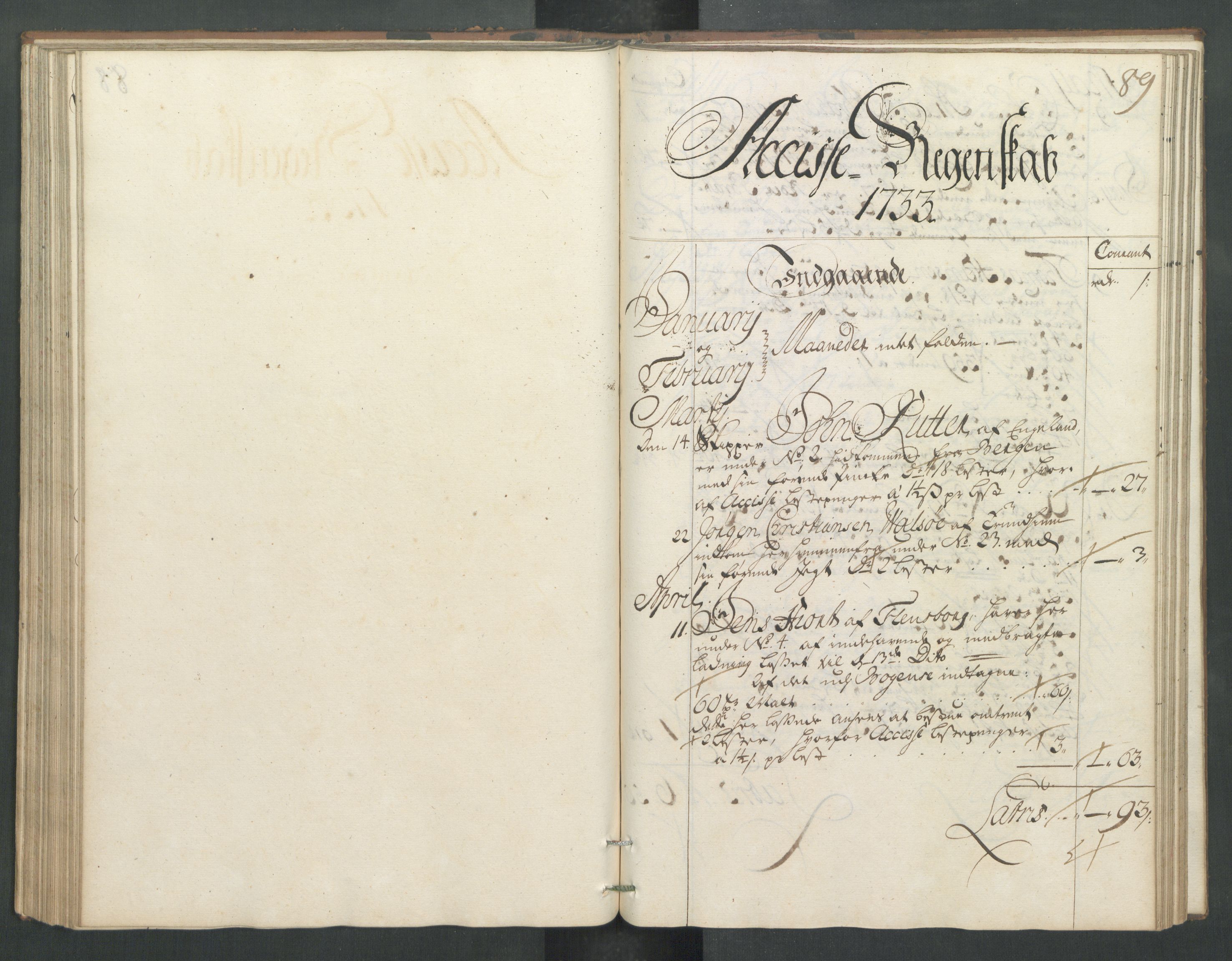 Generaltollkammeret, tollregnskaper, RA/EA-5490/R32/L0005/0001: Tollregnskaper Kristiansund / Hovedtollbok, 1733, p. 88b-89a