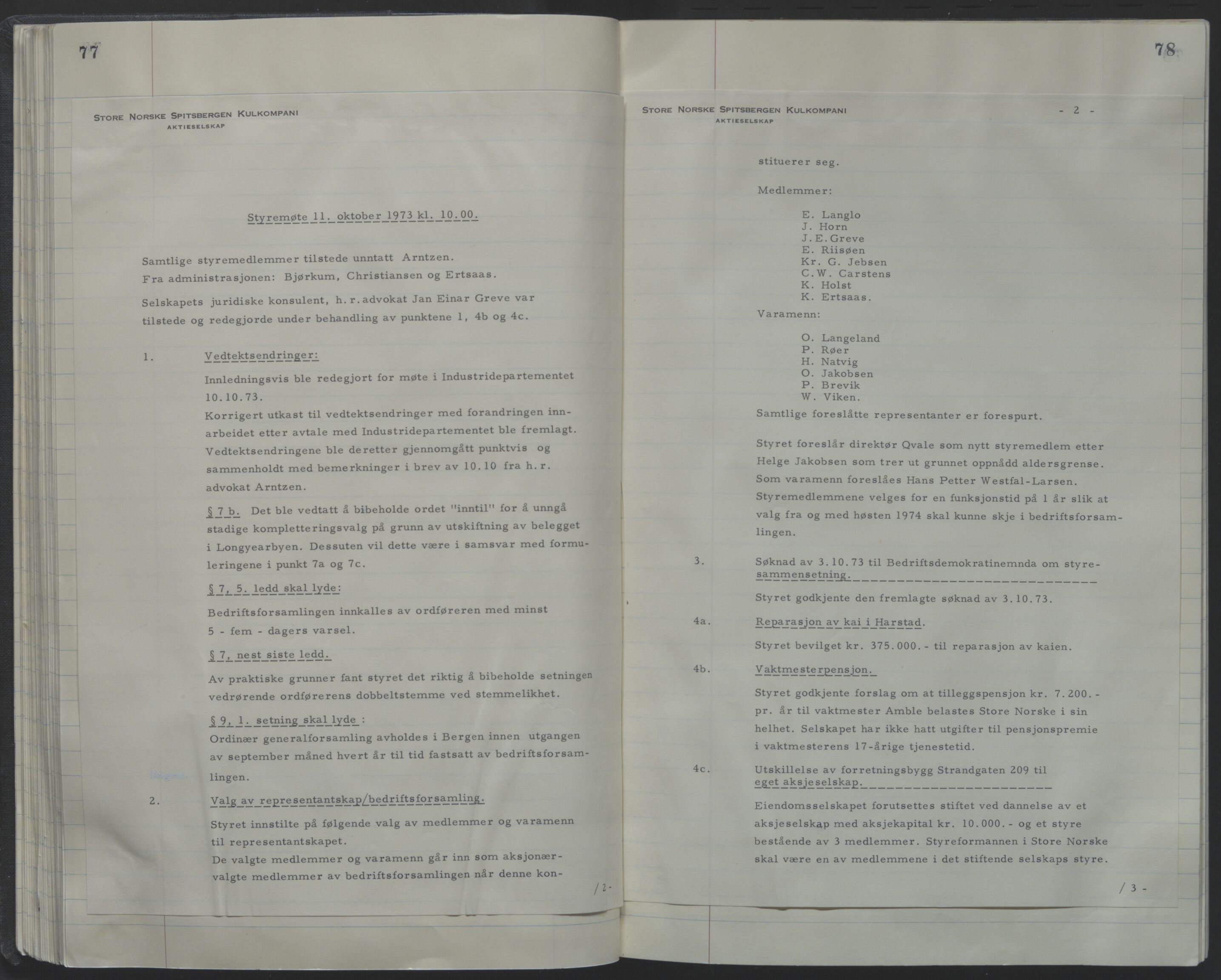 Store Norske Spitsbergen Kulkompani A/S, AV/SATØ-P-0073/09/A/Ab/Aba/L0001: Styreprotokoll 6, 1970-1979, p. 77-78