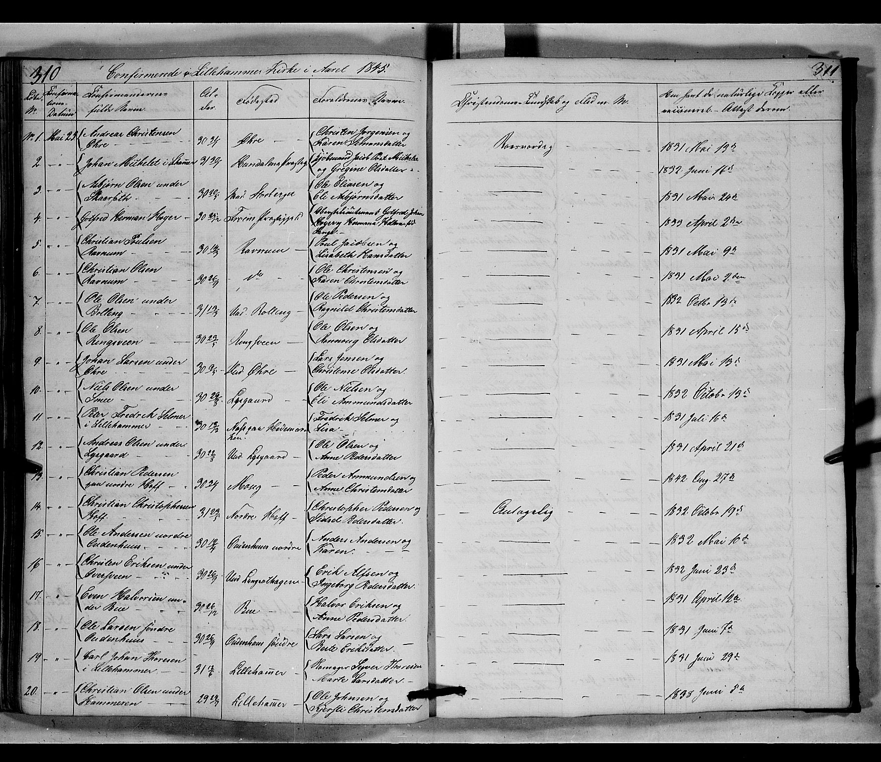 Fåberg prestekontor, SAH/PREST-086/H/Ha/Hab/L0006: Parish register (copy) no. 6, 1837-1855, p. 310-311