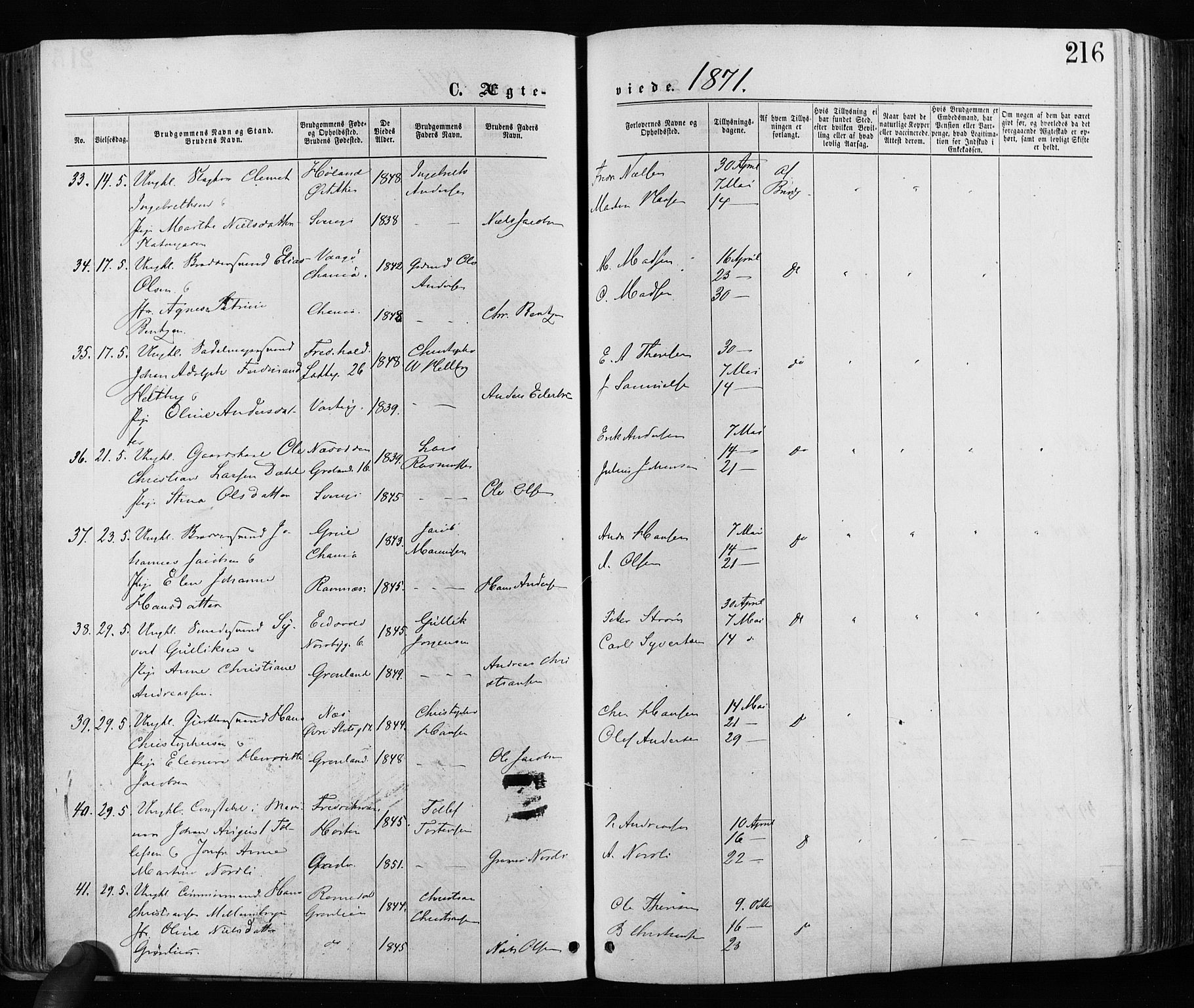 Grønland prestekontor Kirkebøker, AV/SAO-A-10848/F/Fa/L0005: Parish register (official) no. 5, 1869-1880, p. 216