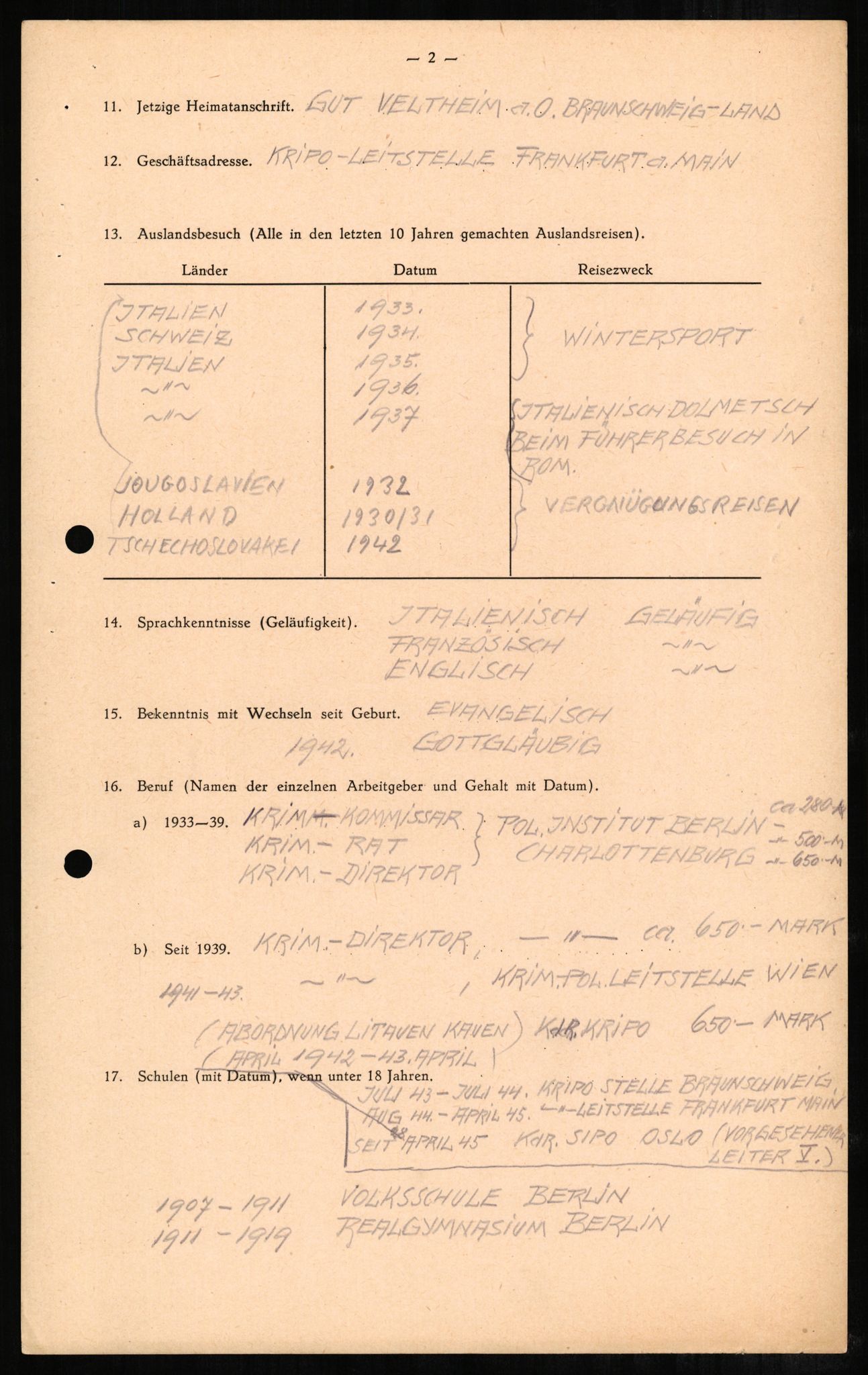 Forsvaret, Forsvarets overkommando II, RA/RAFA-3915/D/Db/L0002: CI Questionaires. Tyske okkupasjonsstyrker i Norge. Tyskere., 1945-1946, p. 165