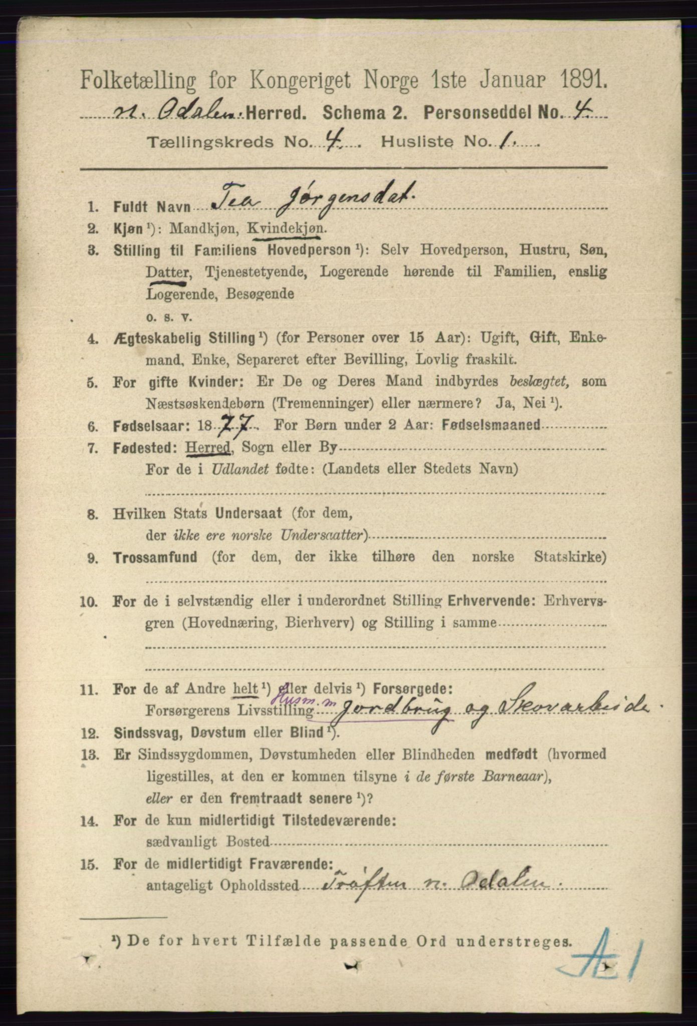 RA, 1891 census for 0418 Nord-Odal, 1891, p. 1265