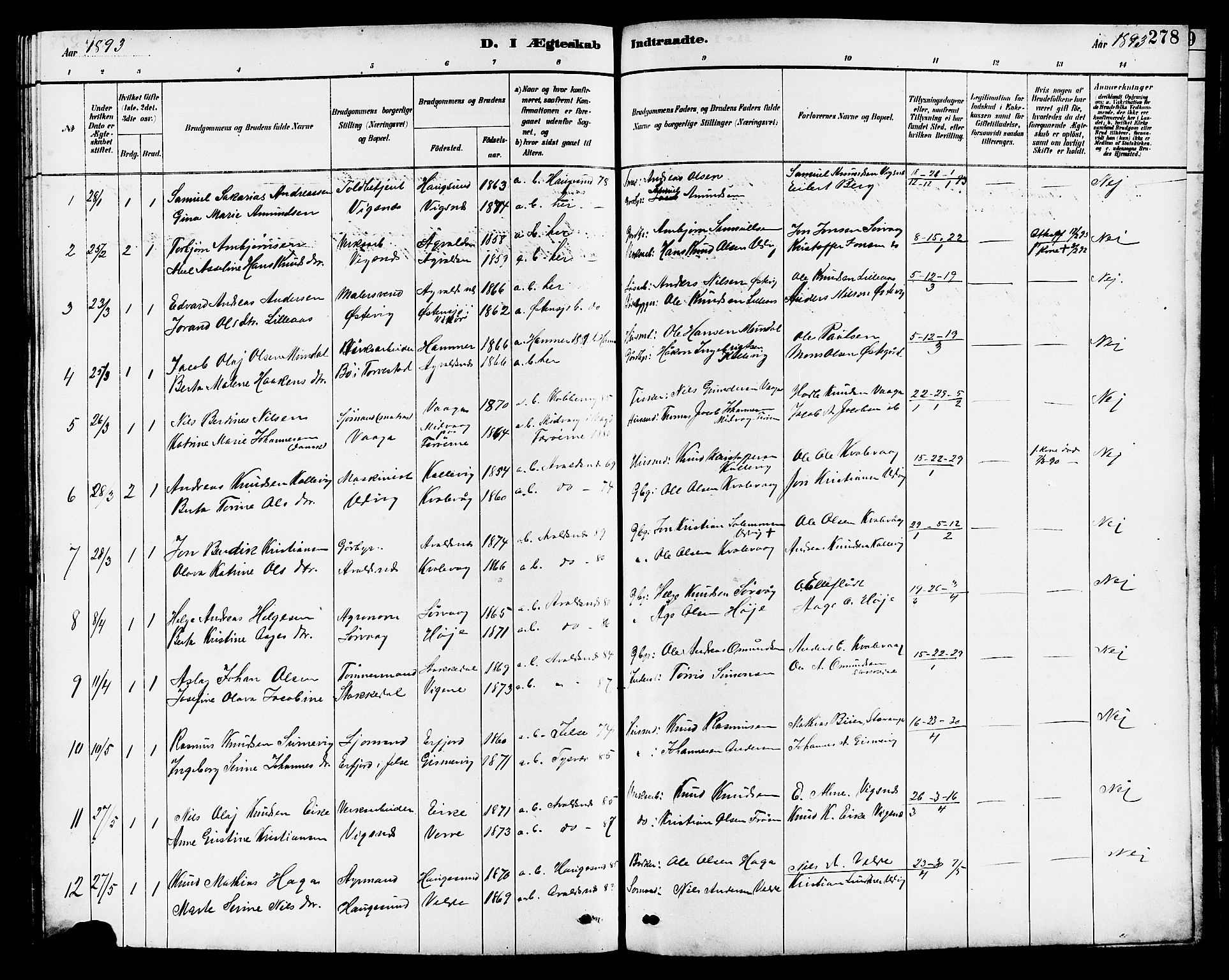 Avaldsnes sokneprestkontor, SAST/A -101851/H/Ha/Hab/L0007: Parish register (copy) no. B 7, 1885-1909, p. 278