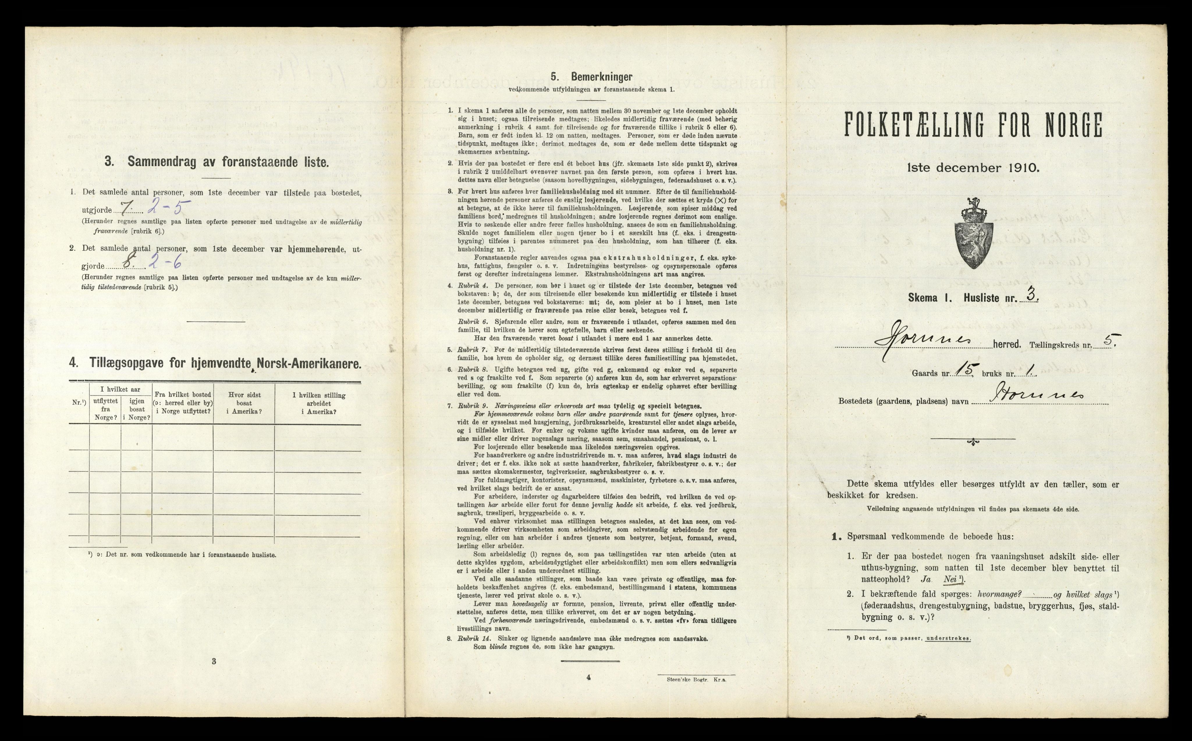 RA, 1910 census for Hornnes, 1910, p. 258