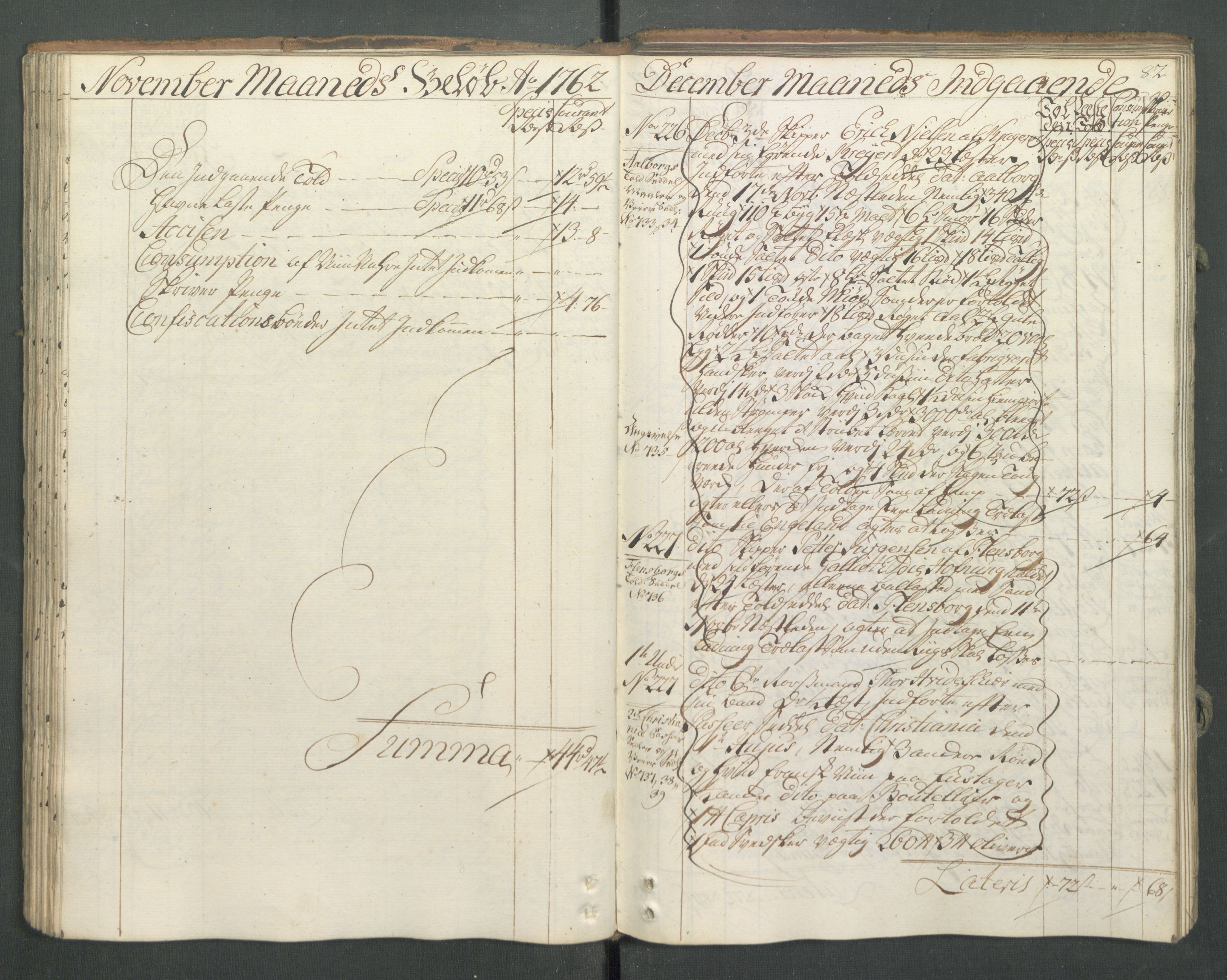 Generaltollkammeret, tollregnskaper, AV/RA-EA-5490/R13/L0032/0001: Tollregnskaper Kragerø / Inngående hovedtollbok, 1762, p. 81b-82a